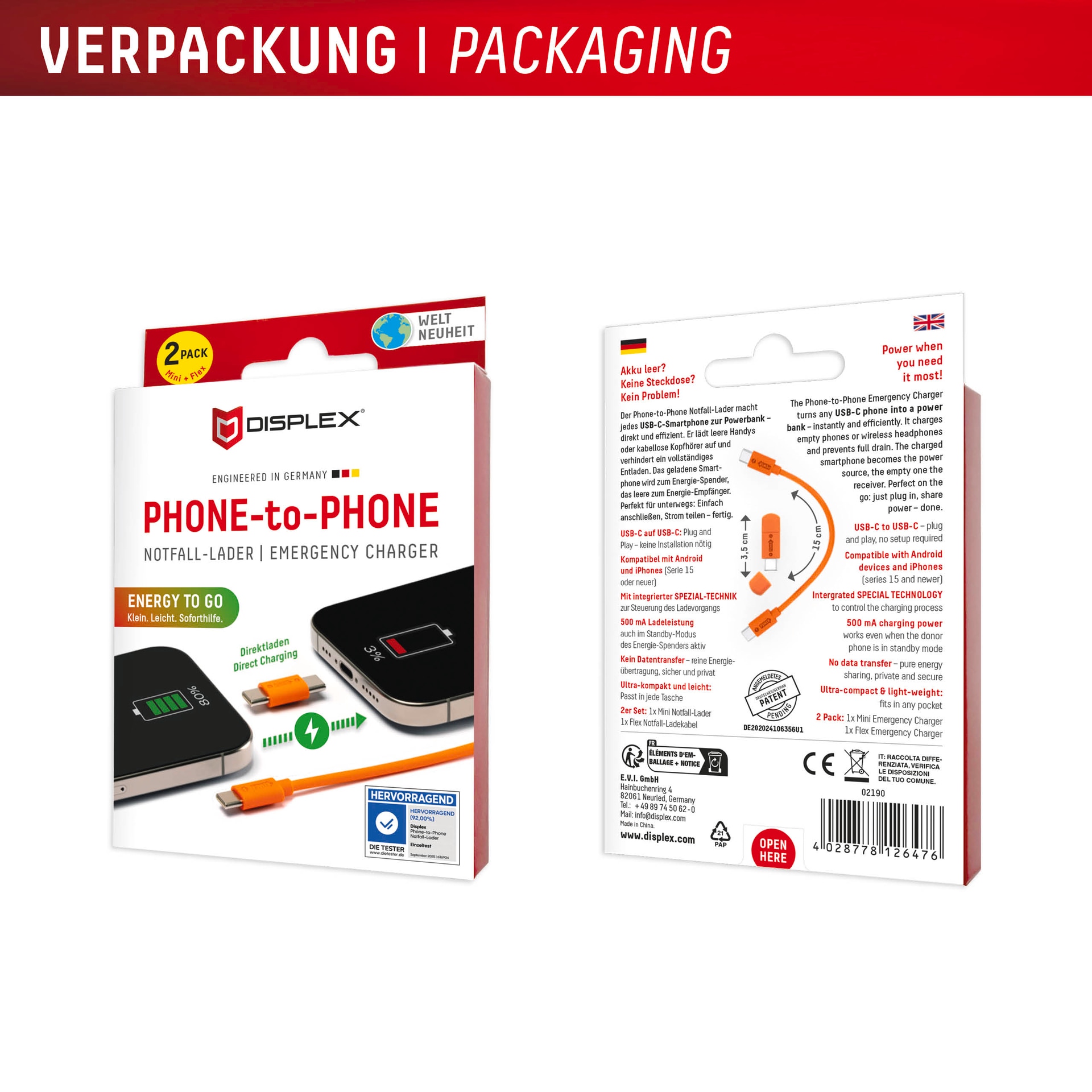 Displex USB-Kabel »Phone-to-Phone Notfall-Lader« USB-C 15 cm