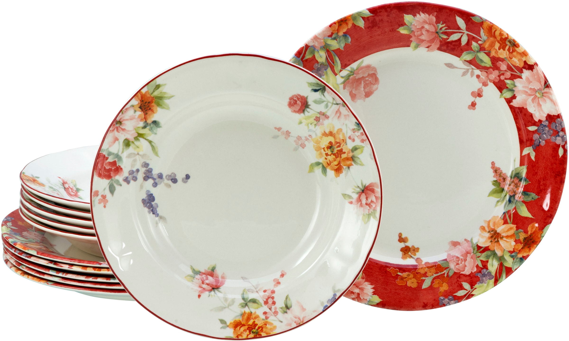 Tafelservice CREATABLE "Crimson Bunt, Service 12-tlg.", bunt, 12, Steingut, Geschirr-Sets, Tafelservice, Teller Set, Blütendekor, Designklassiker