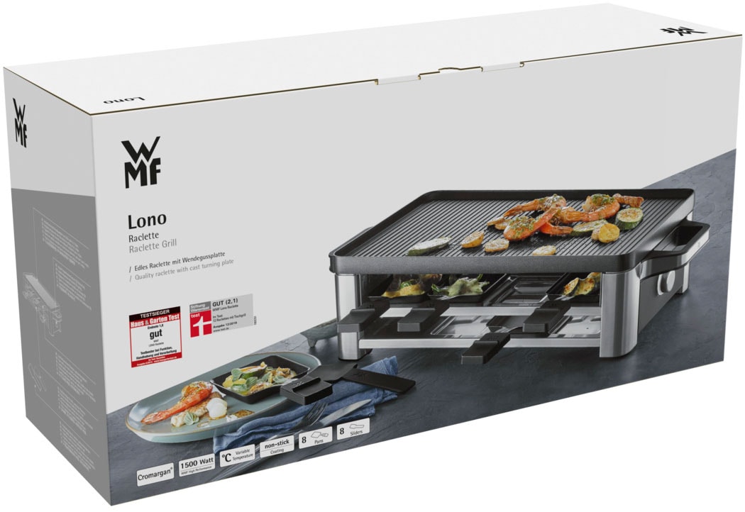 WMF Raclette »LONO, inkl. Parkebene für unbenutze Pfännchen«, 8 St. Raclettepfännchen, 1500 W, Spülmaschinengeeignete Pfannen und Spatel, antihaftbeschichtete Platte