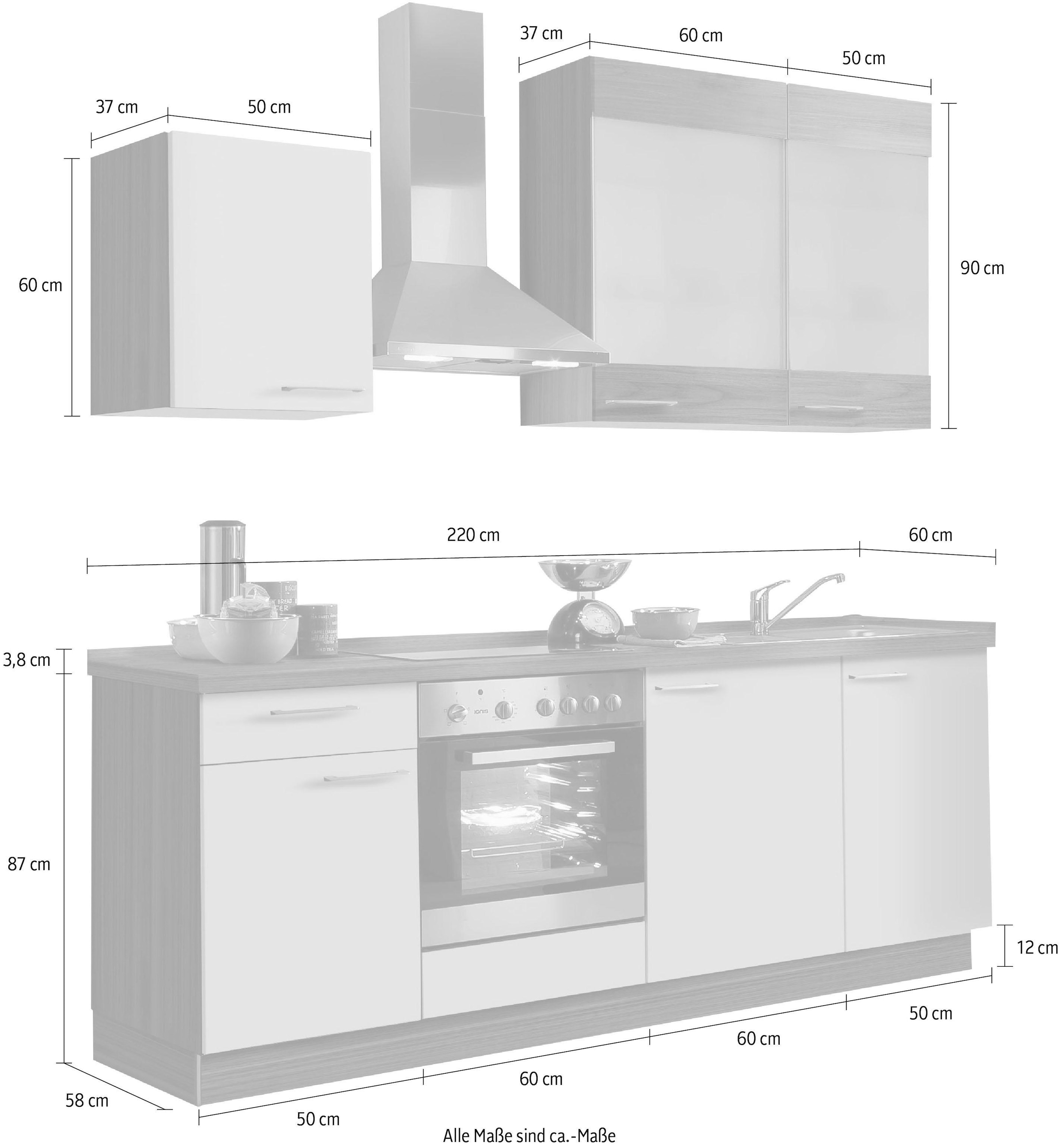 KOCHSTATION Küchenzeile »"KS-Trea", wahlweise mit E-Geräten, höhenverstellbare Füße« vormontiert, mit Vollauszug und Soft-Close-Funktion, Breite 220 cm