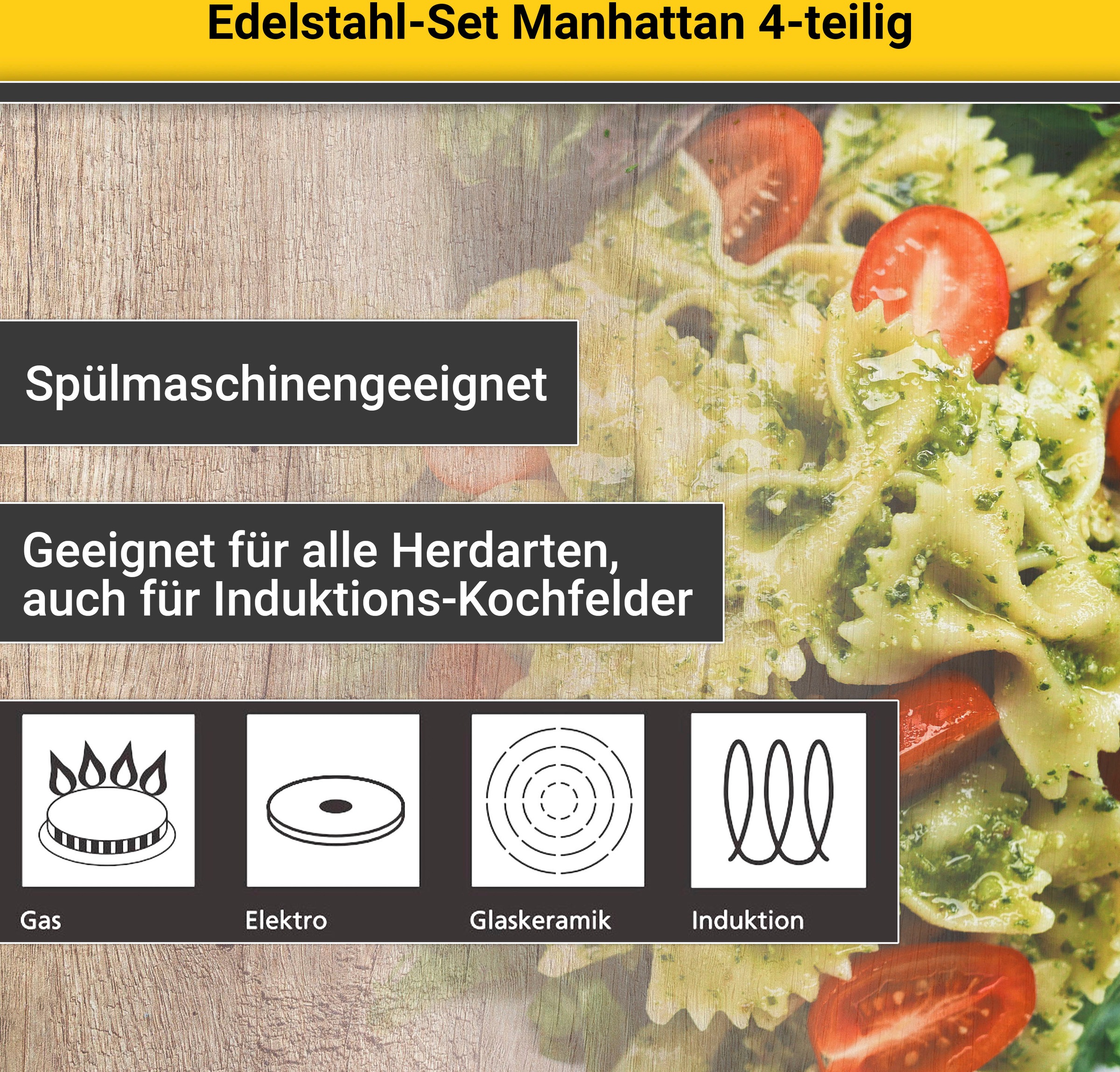 Krüger Topf-Set »Manhattan«, Edelstahl, (Set, 7 tlg., Bratentopf Ø 20 cm, Fleischtopf Ø 16/20 cm, Stieltopf Ø 16 cm), für Induktions-Kochfelder geeignet