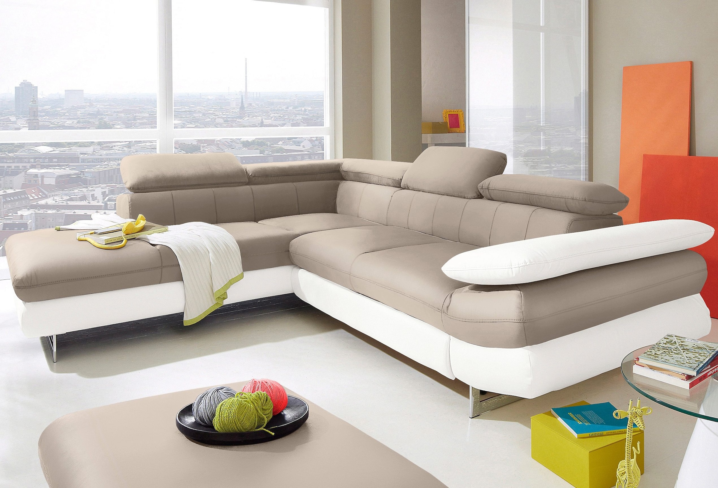 COTTA Ecksofa "Solution L-Form, Design Sofa, bequeme Wellenunterfederung, Design Fuß" mit Arm- & Kopfteilverstellung, wahlweise mit Schlaffunktion
