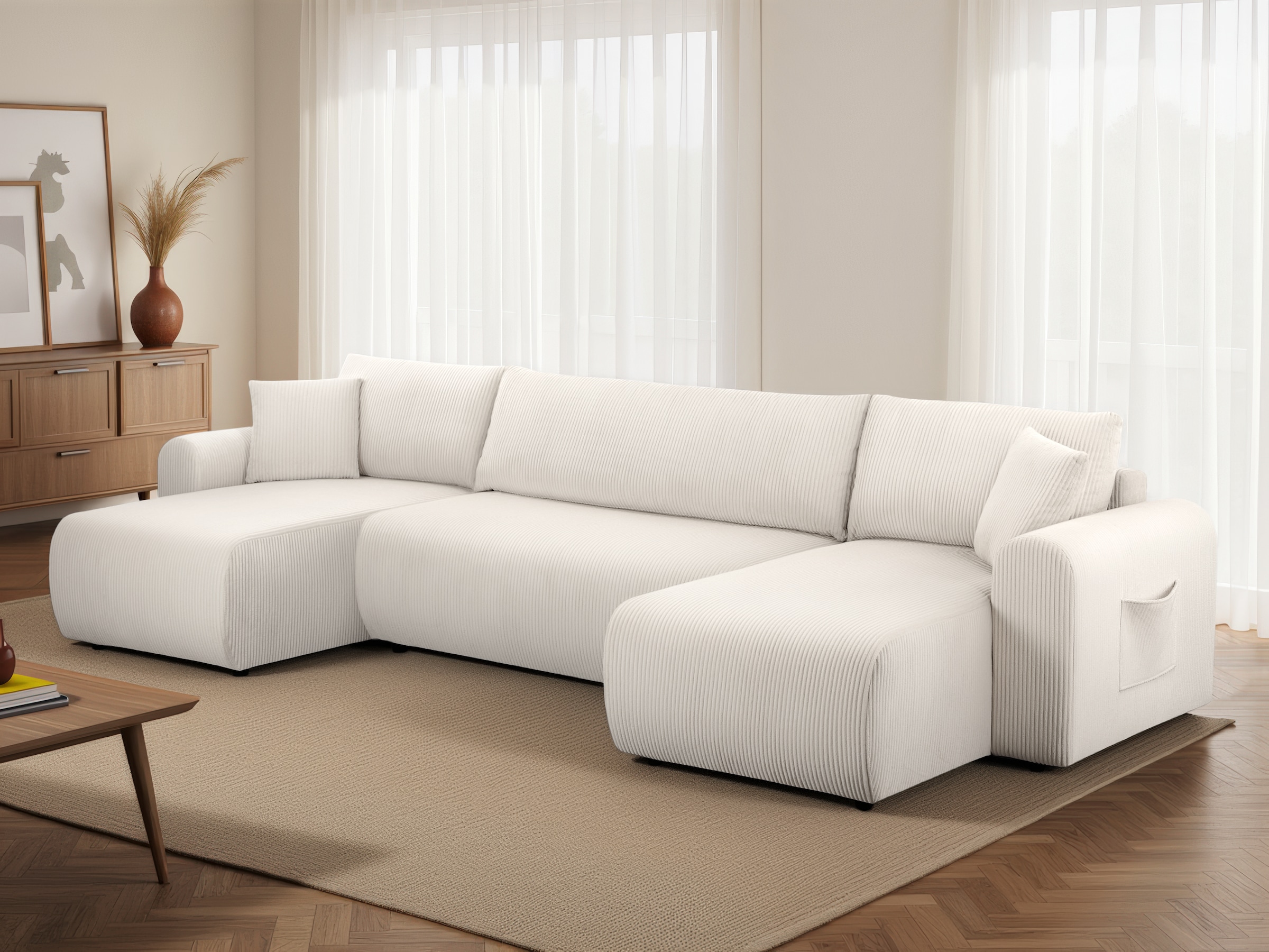 OTTO home Wohnlandschaft »JONAA, 311 cm, U-Form, Schlafsofa, Boxspringfederung, Dauerschläfer« 133/270cm, Bettkasten, Seitentaschen, Cord und Struktur