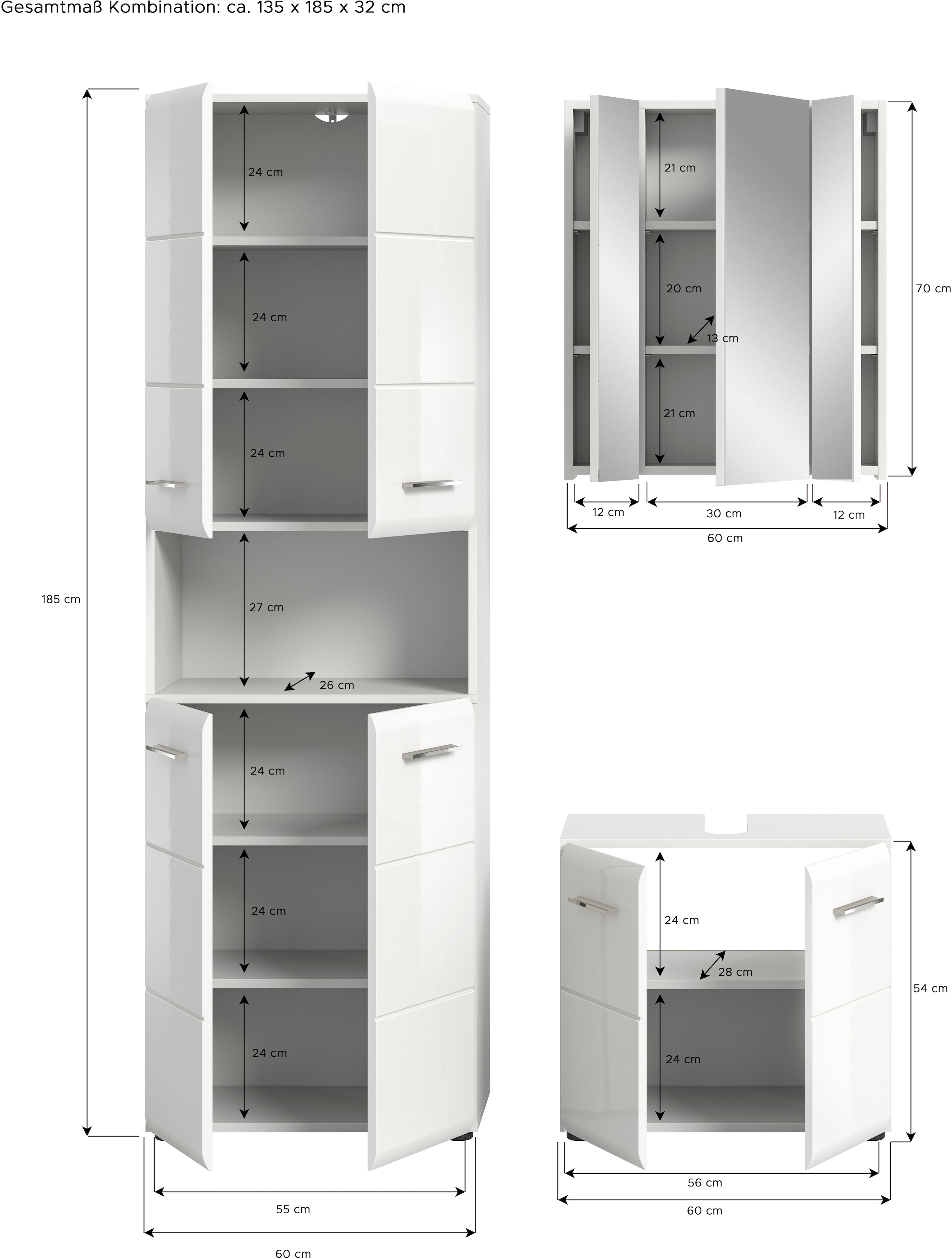 INOSIGN Badmöbel-Set »FLORENZ, TOPSELLER!, 3-teilige Badkombination, hochwertige MDF-Front«, (best. aus: 1 Hochschrank, 1Waschbeckenunterschrank, 1 Spiegelschrank), Bad-Kombination, Bad-Möbel, Badezimmer, Kombination, Kombi