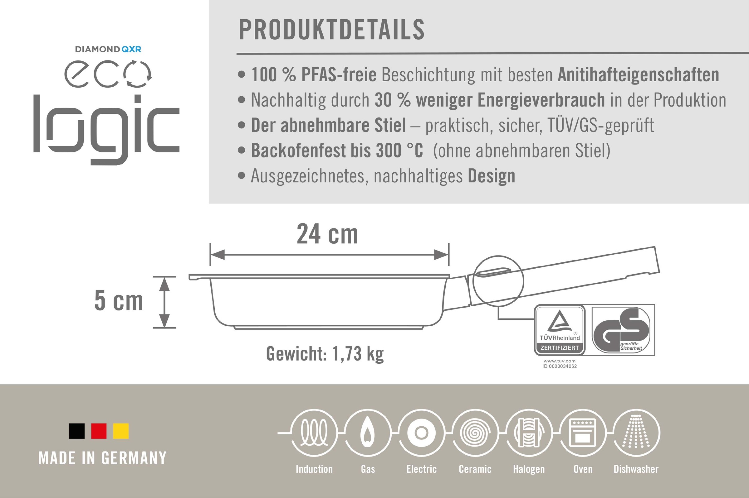 WOLL Bratpfanne »Eco Logic QXR Guss-Flachpfanne«, Aluminiumguss, (1 tlg.), PFAS-freie Diamond-QXR - Beschichtung