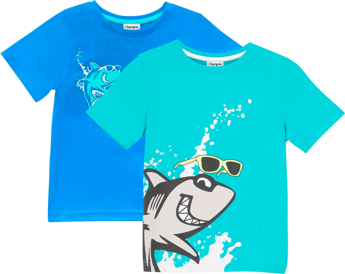 bonprix T-Shirt Packung, 2 Stk. bequeme Passform, Kurzarm, mit Haifisch-Druck, aus Baumwolle