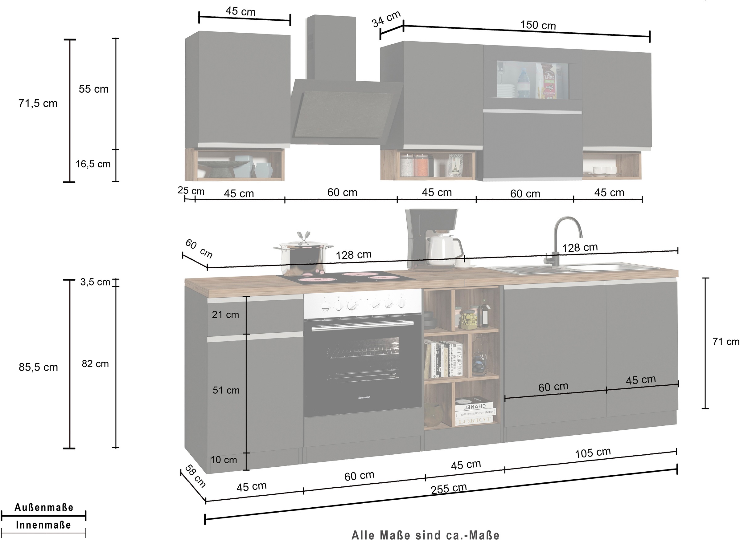 Kochstation Küchenzeile »KS-Sole«, Breite 256 cm, mit Geschirr-Abtropfschrank, ohne E-Geräte