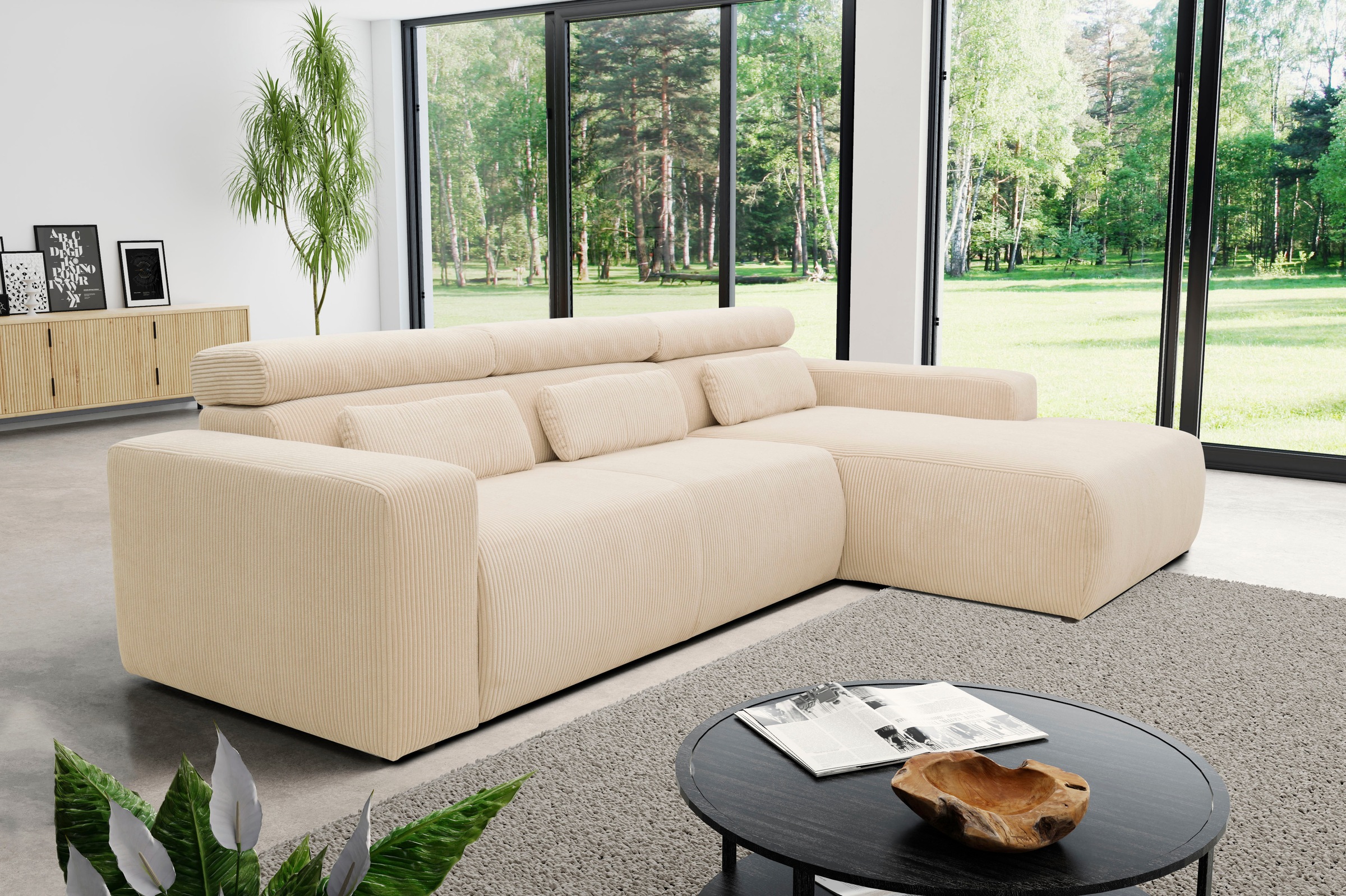 DOMO collection Ecksofa "BRANDON 289x177x80 cm, whlw. mit Sitztiefenverstellung, L-Form" ohne Sitztiefenverstellung, Cord, creme