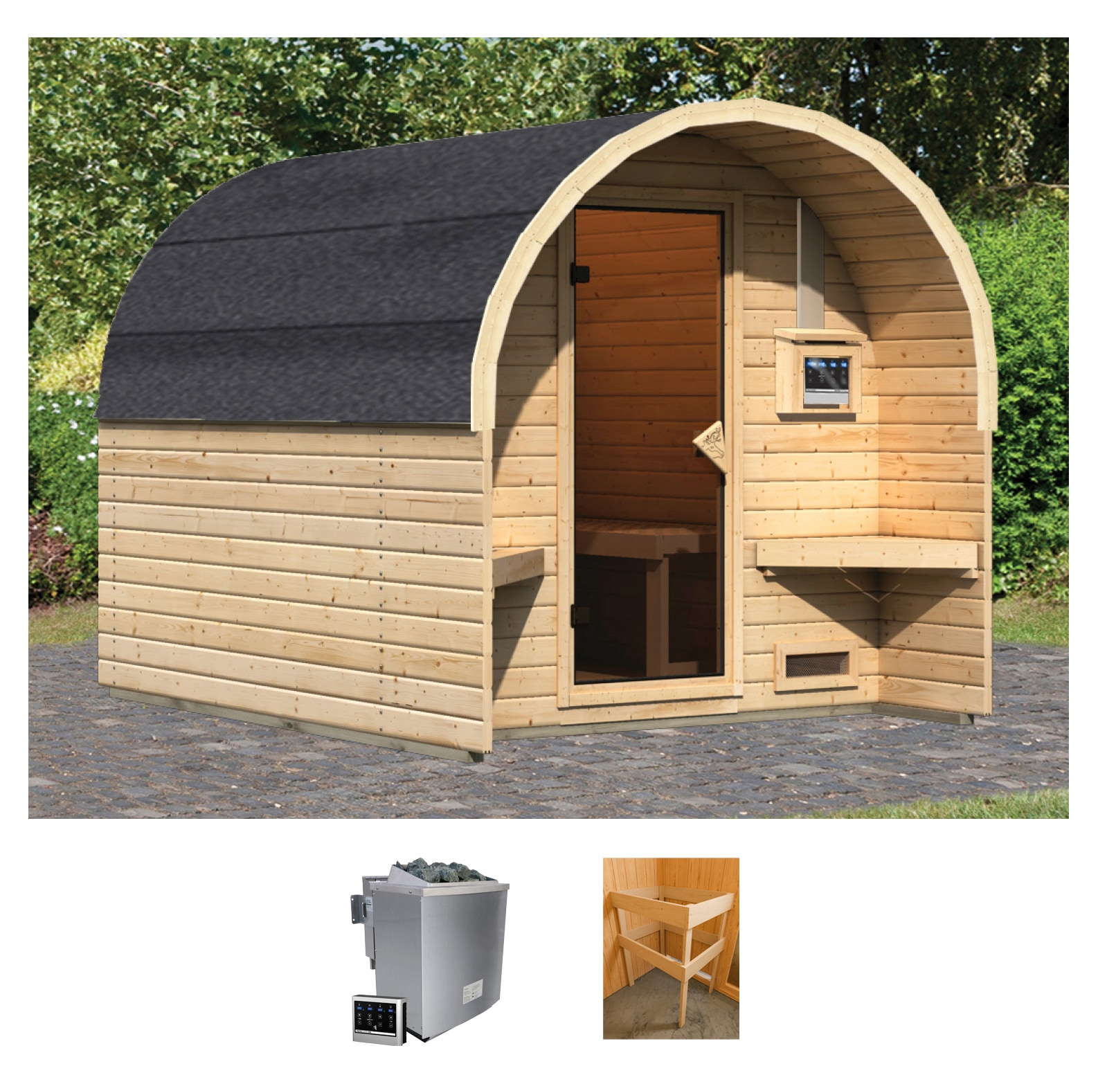 Karibu Fasssauna "Fasshaus 2" Set, 2 Stk. tlg. Ofen 9 kW Bio externe Strg easy
