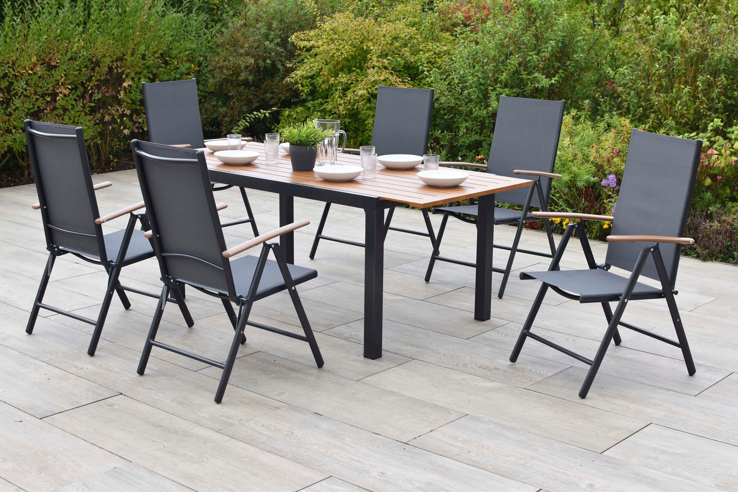 MERXX Garten-Essgruppe »Valenza« Set, 7 tlg. inkl. 6 Klappsessel, 1 Ausziehtisch