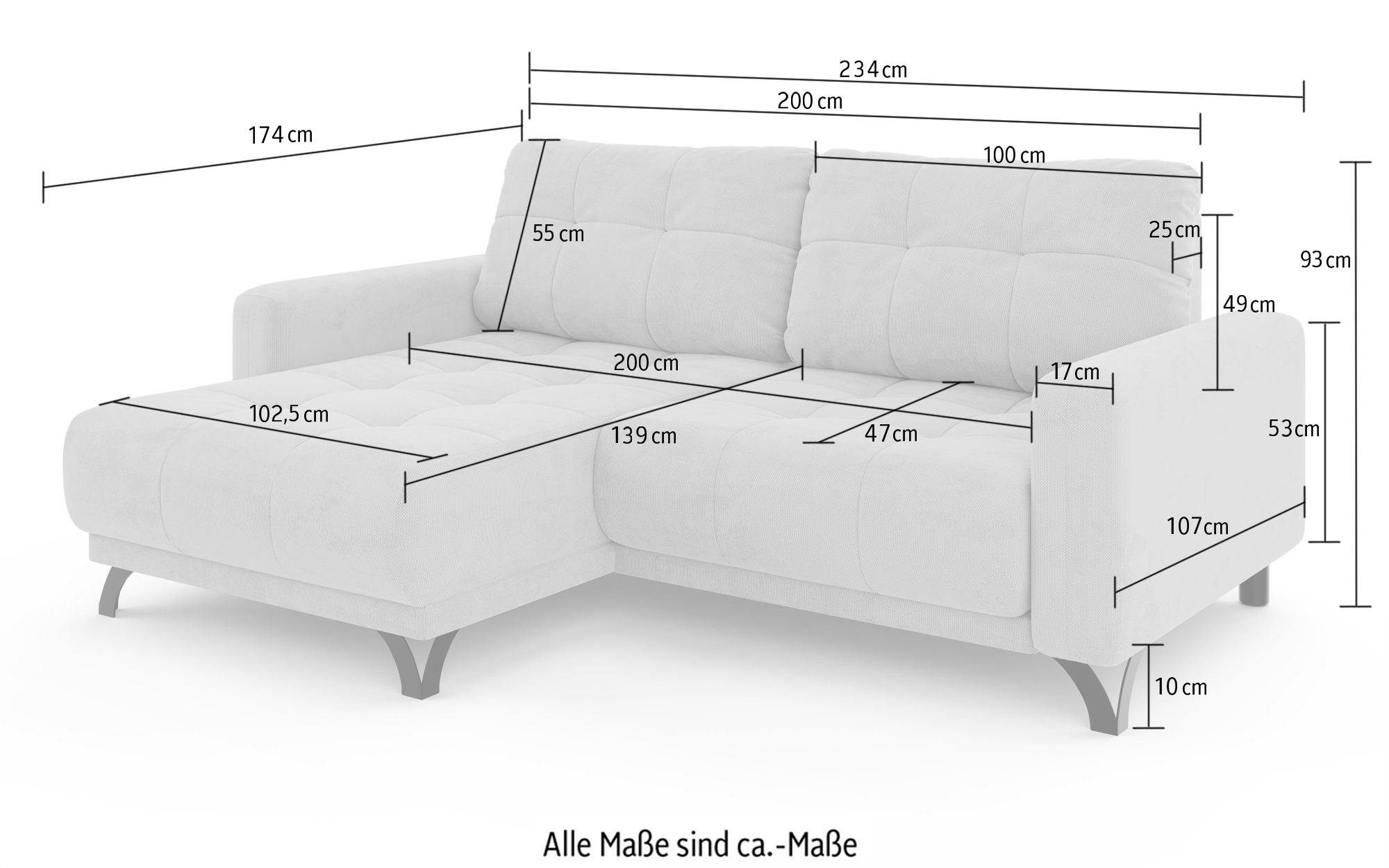INOSIGN Ecksofa »FAIRVIEW mit verstellbaren Rückenlehne, Maße B/T/H: 234/174/93 cm«, L-Form mit Wellenunterfederung, Recamiere beidseitig montierbar