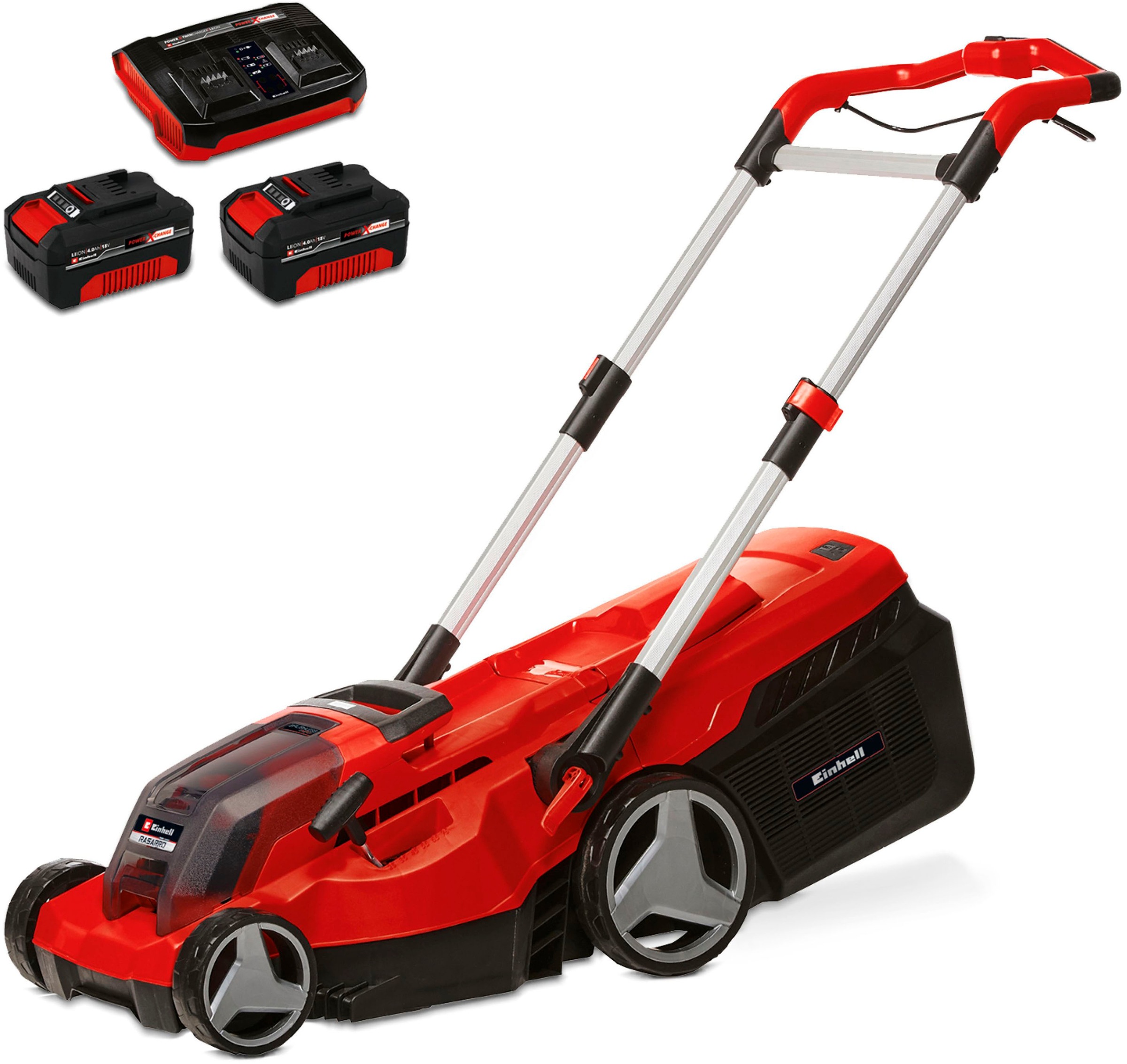 Einhell Akkurasenmäher "RASARRO 36/38 (2x4 Ah)" mit 2 Akkus und Twincharger