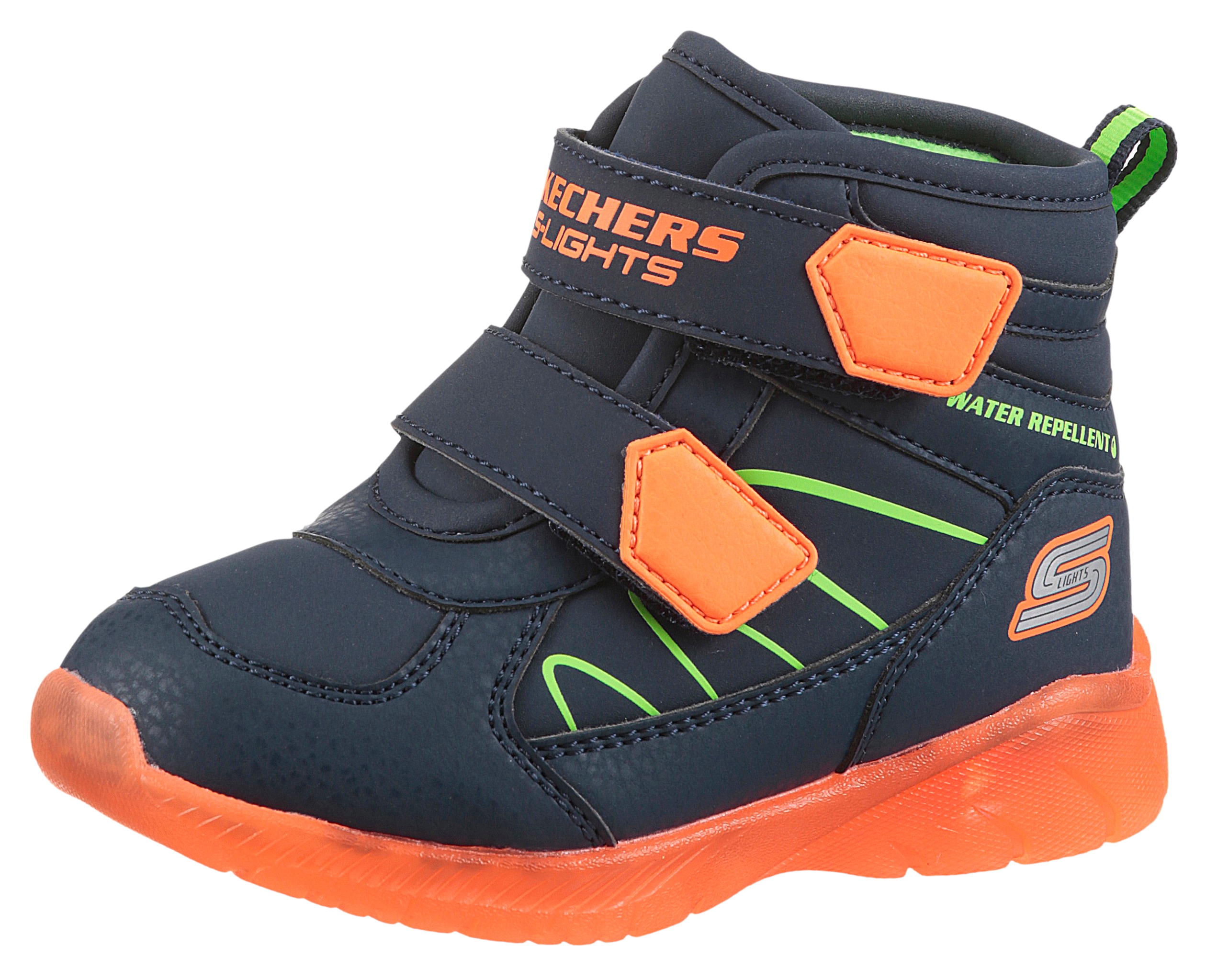 Winterstiefel SKECHERS "ILLUMI-BRIGHTS", Mädchen, Gr. 23, orange (navy, orange), Lederimitat, kontrastfarbene Details, Schuhe Winterstiefel, Winterstiefel mit Blinkfunktion, Größenschablone zum Download