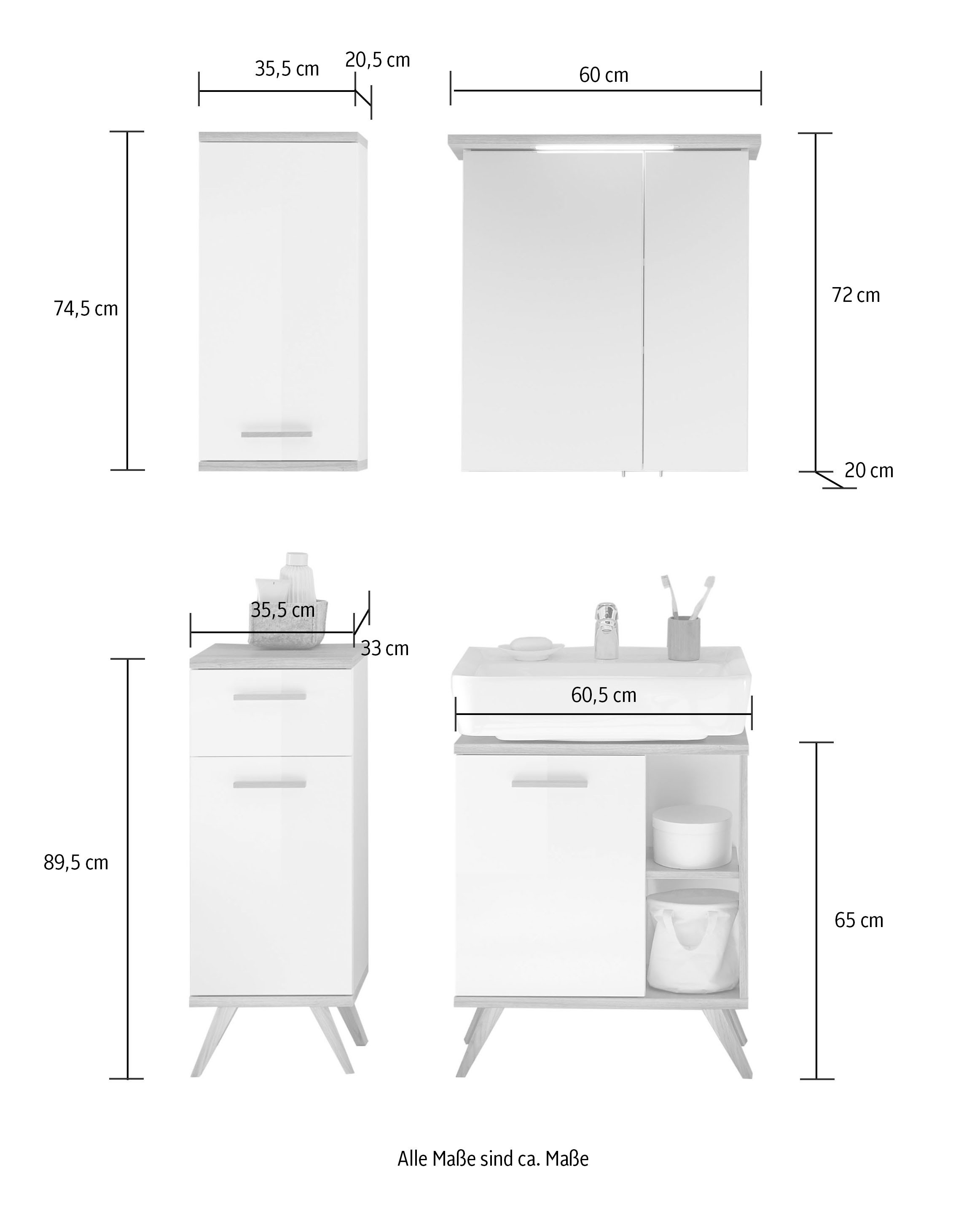 Saphir Badmöbel-Set »Quickset 4-teilig, Waschbeckenunterschrank mit LED-Spiegelschrank«, (4 St.), Unterschrank, Hängeschrank, inkl. Türdämpfer, 5 Türen, 1 Schublade