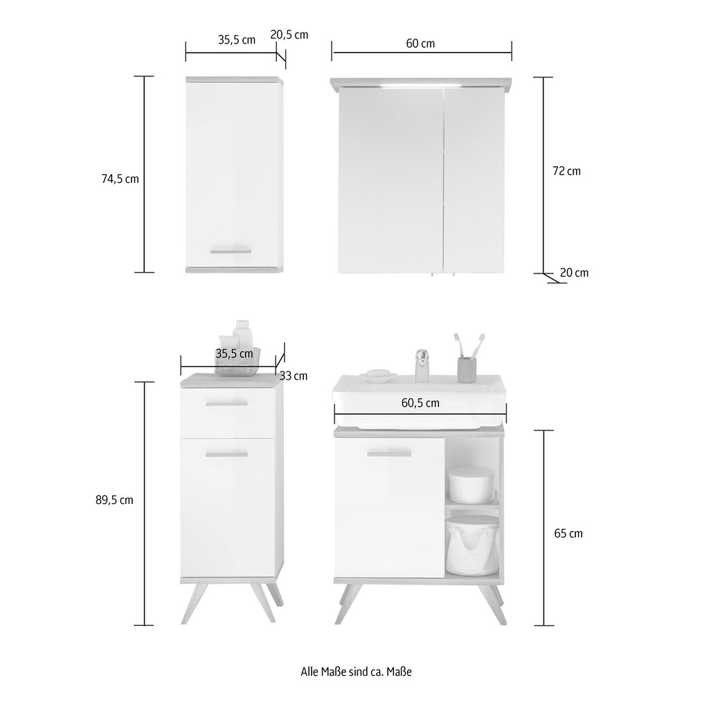 Saphir Badmöbel-Set »Quickset 4-teilig, Waschbeckenunterschrank mit LED-Spiegelschrank«, (4 St.)