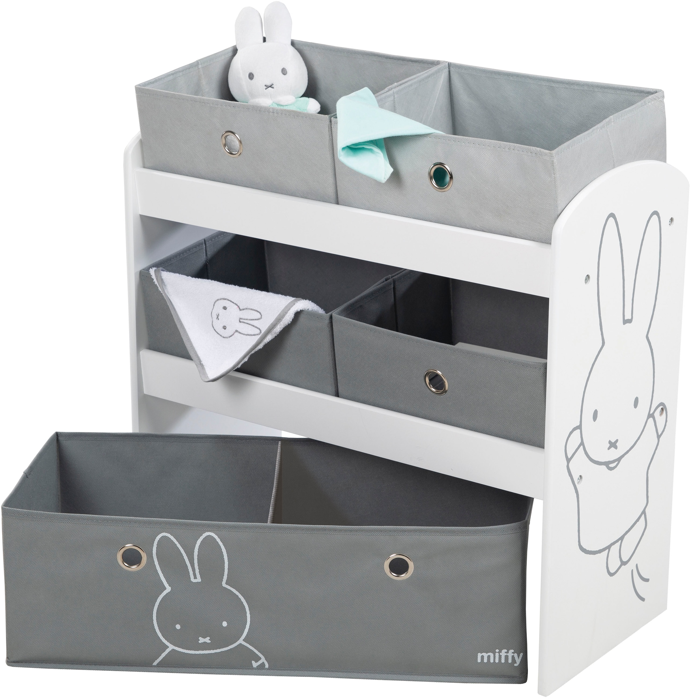 roba® Kinderregal »miffy®, grau«, inklusive 5 Stoffboxen in 2 Größen