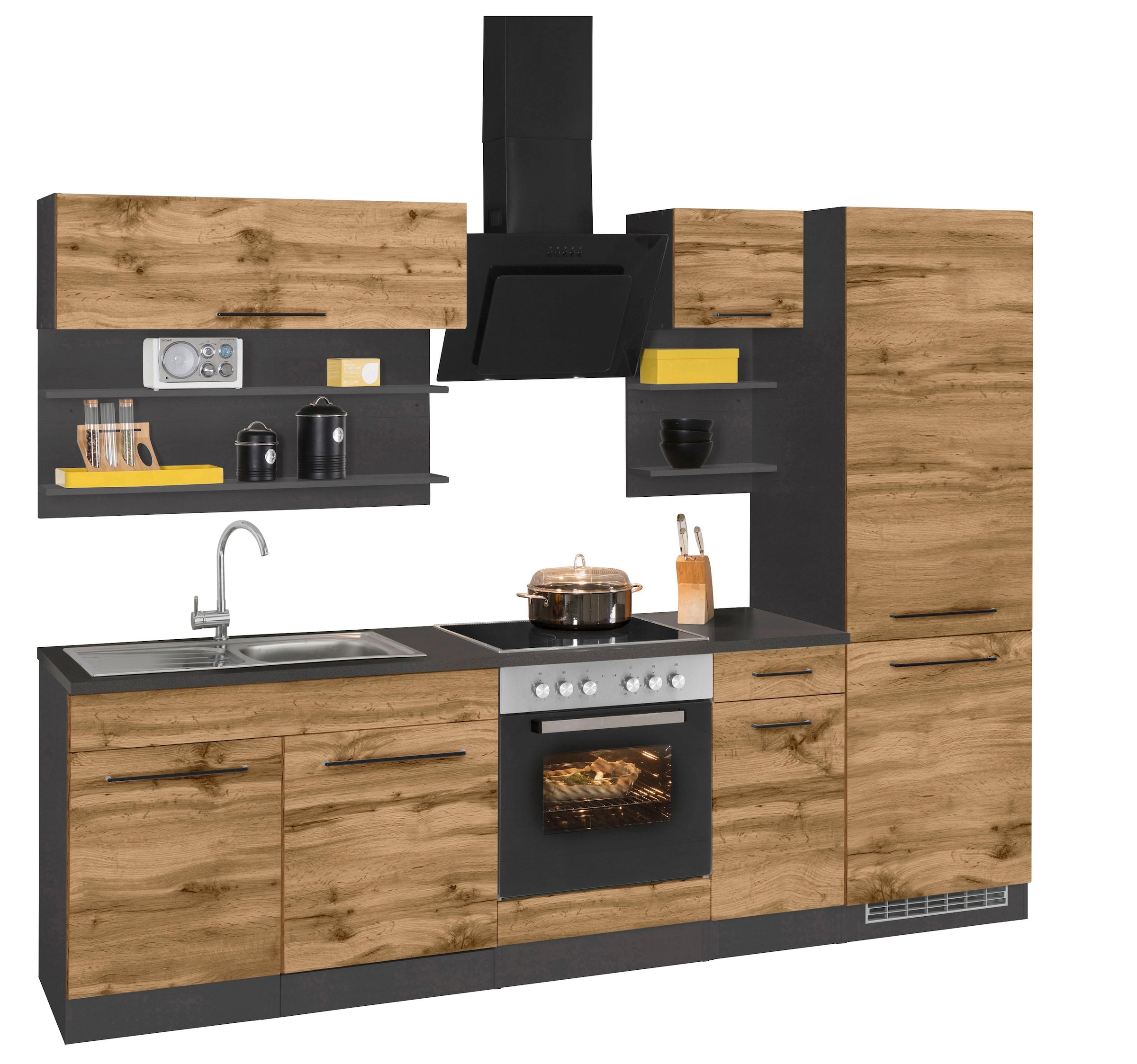 KOCHSTATION Küchenzeile »KS-Tulsa«, mit E-Geräten, Breite 270 cm, schwarze Metallgriffe, MDF Fronten