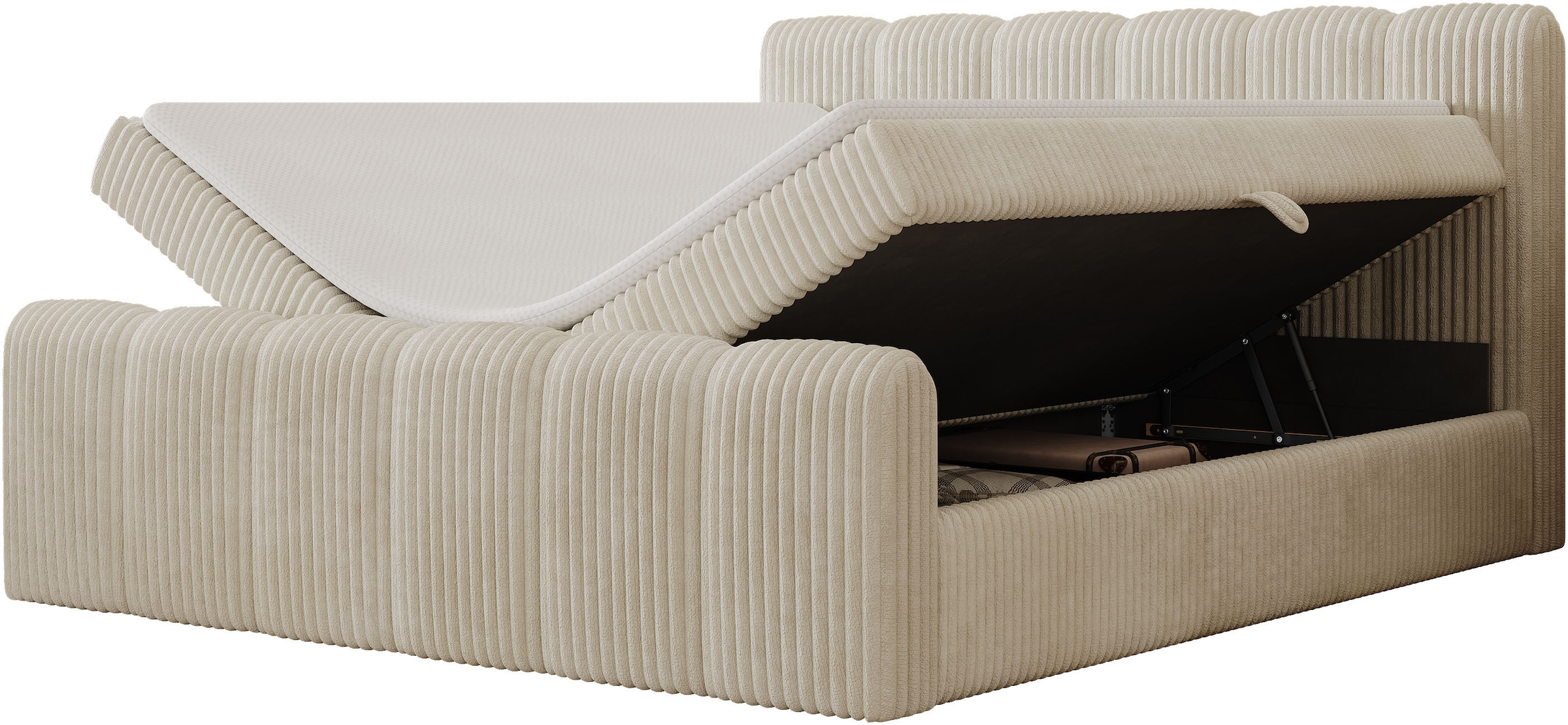 OTTO home Boxbett »SIVVA in der Breite 180cm, flauschiger Breitcord, Farbe: cream« inkl. Taschenfederkernmatratze (H3) & Topper (4cm) & Fußteil