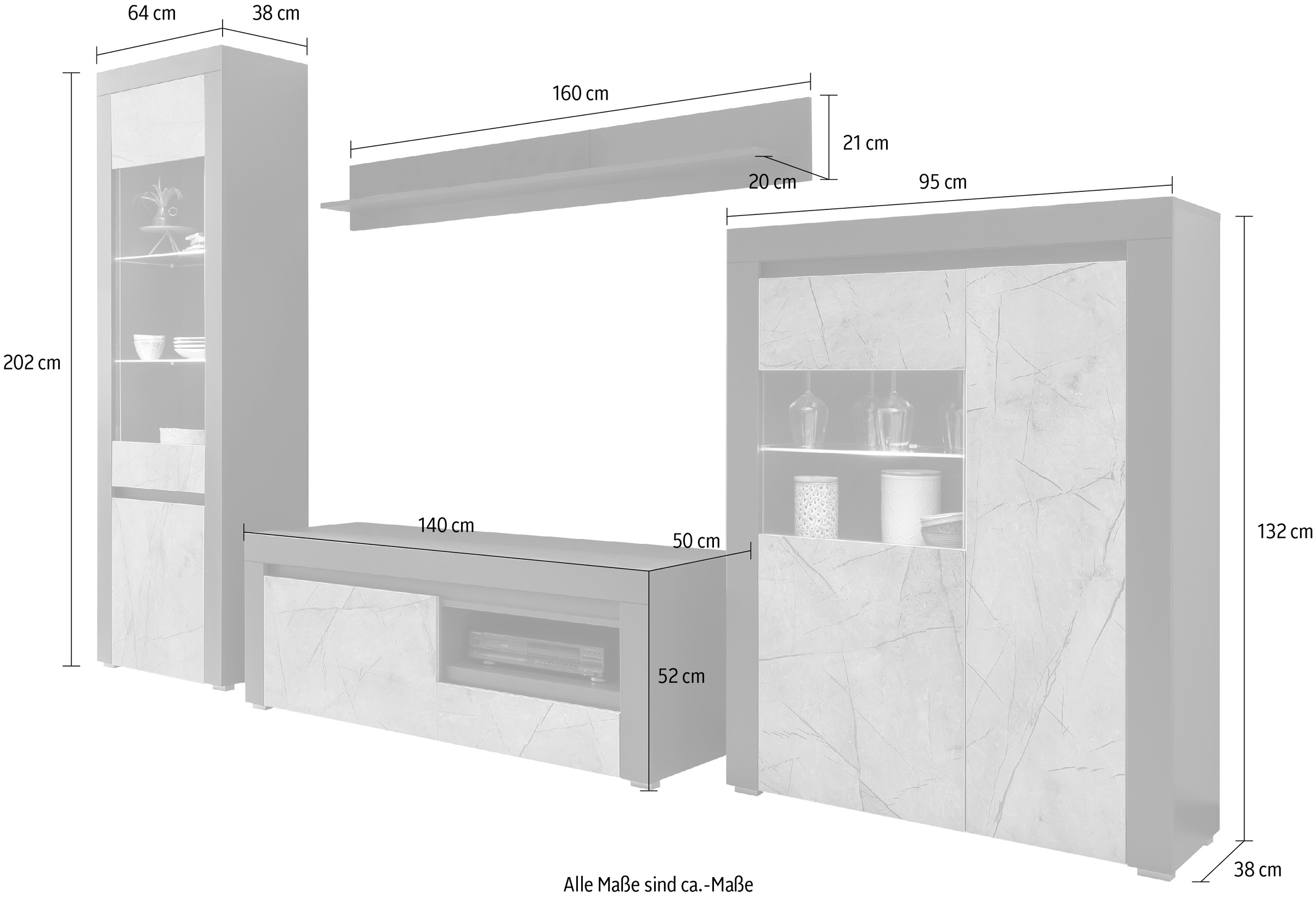 Home affaire grifflosen Wohnwand kaufen in Marble«, bestehend St.), Breite cm | Design, (4 aus BAUR Möbelstücken, 319 »Stone vier