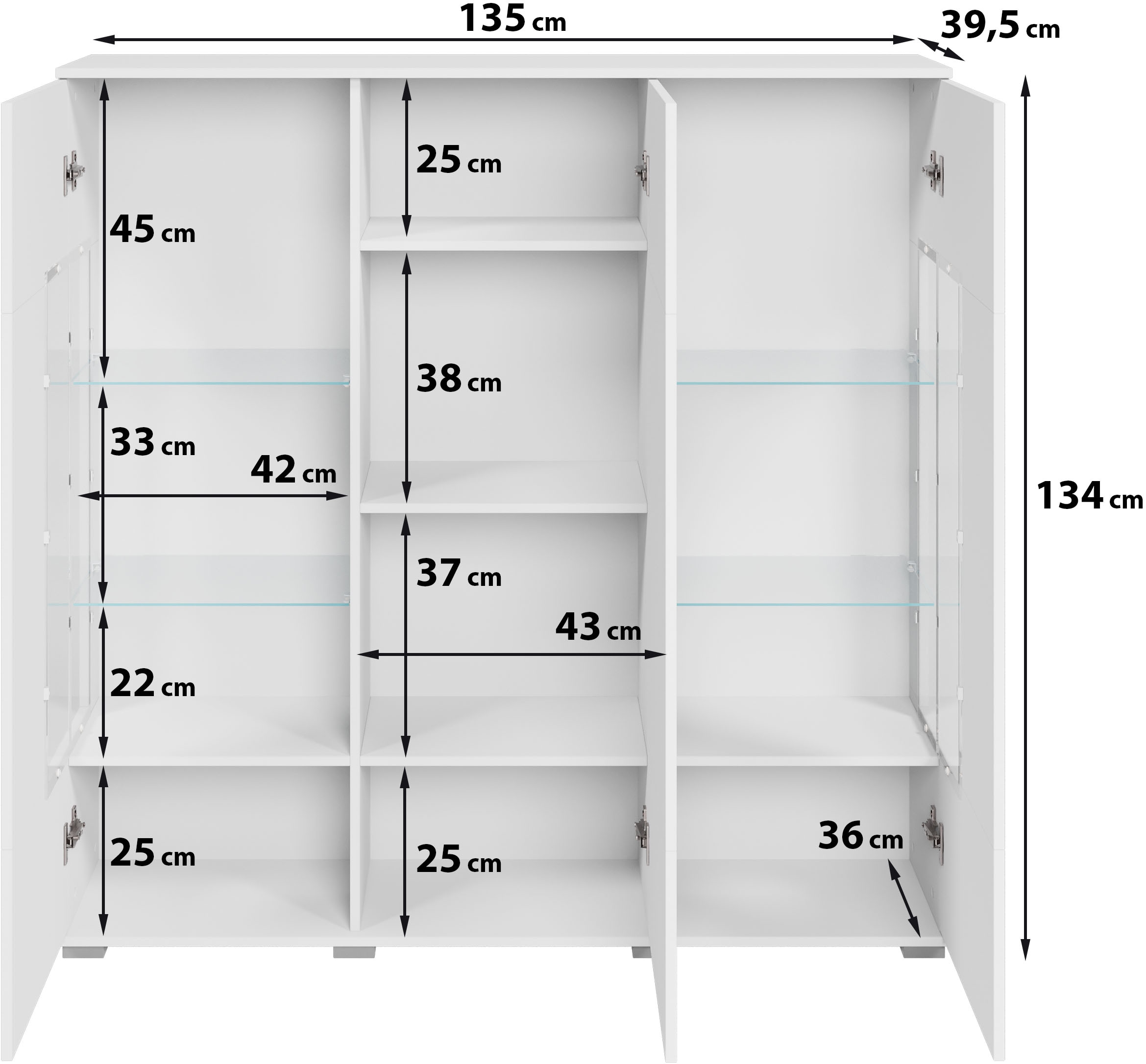 INOSIGN Highboard »Kenia«, (1 St.), Modernes Highboard, mit Glastüren, Breite 135 cm
