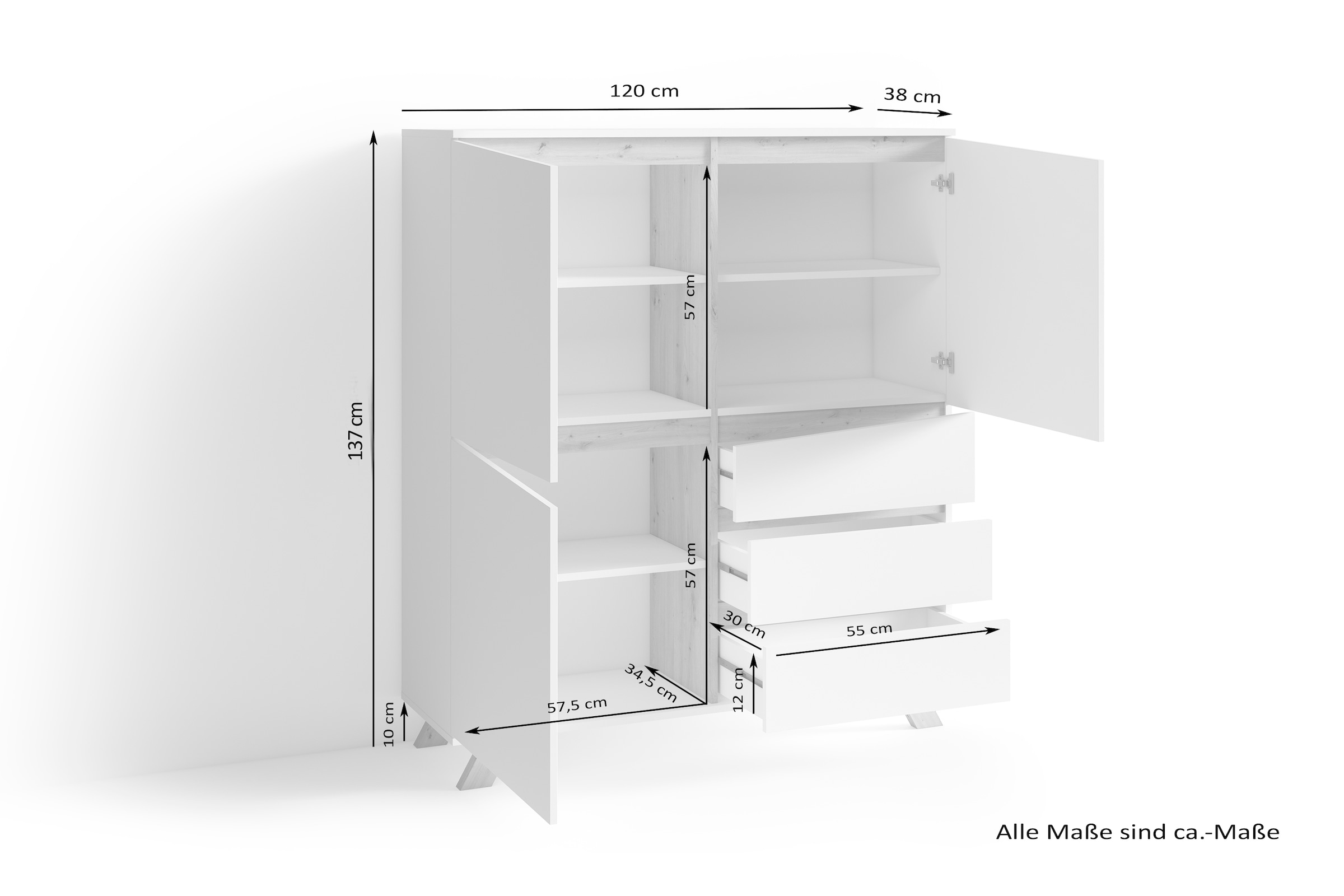 INOSIGN Highboard »Valentin«, 3 Schubkästen und 3 Türen, Sideboard 120cm in modernem Scandi - Design