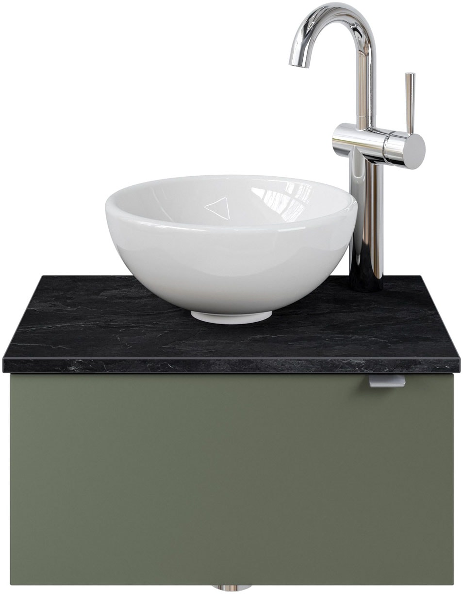 Saphir Waschtisch "Serie 6915 Waschschale mit Unterschrank für Gästebad, Gäste WC" Keramik-Aufsatzbecken, Waschtischplatte, Waschtischunterschrank, 3 Stk. tlg. 51 cm mit Keramik-Aufsatzbecken und 1 Tür