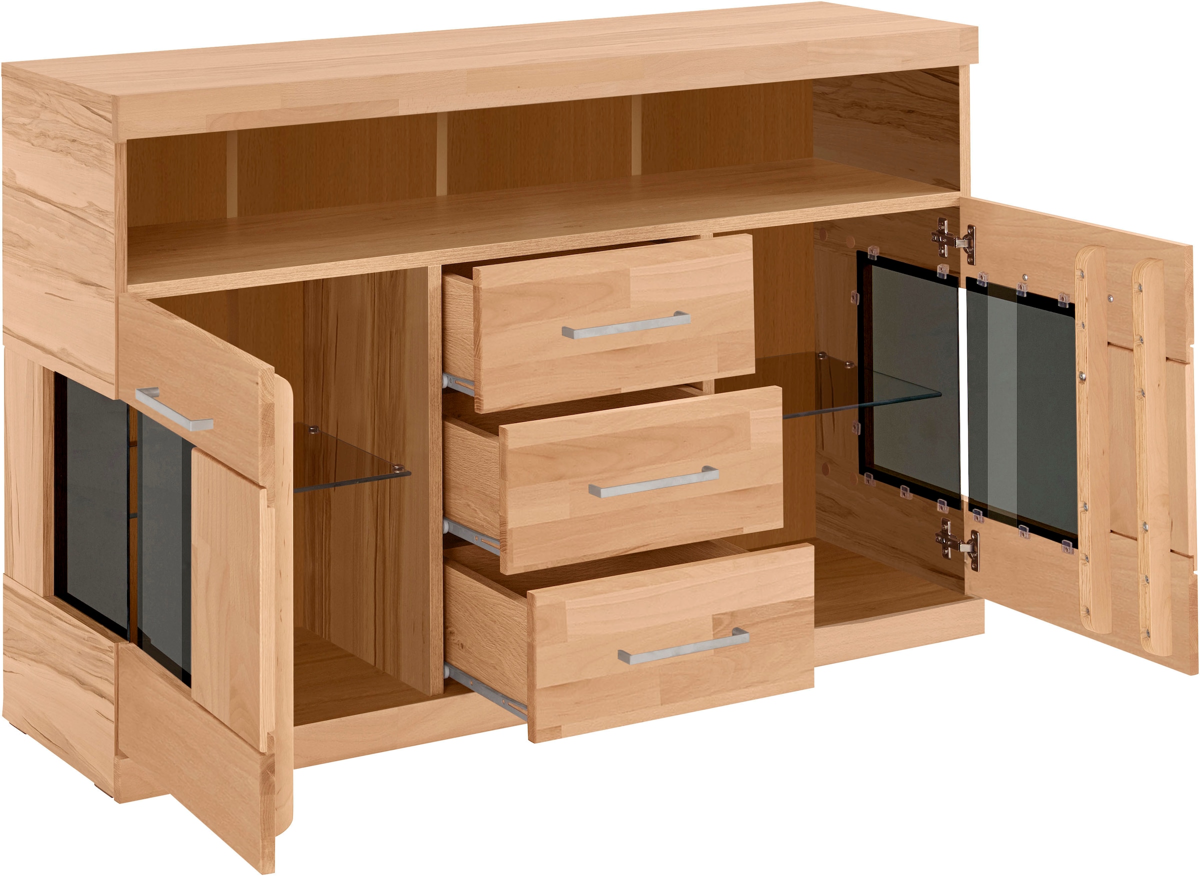 Home affaire Sideboard »Ribe,125cm breit, Fronten Massivholz,5 Fächer,Böden versetzbar«, Korpus Holzwerkstoff,Türen mit Glaseinsatz,3 Schubladen,Metallgriffe