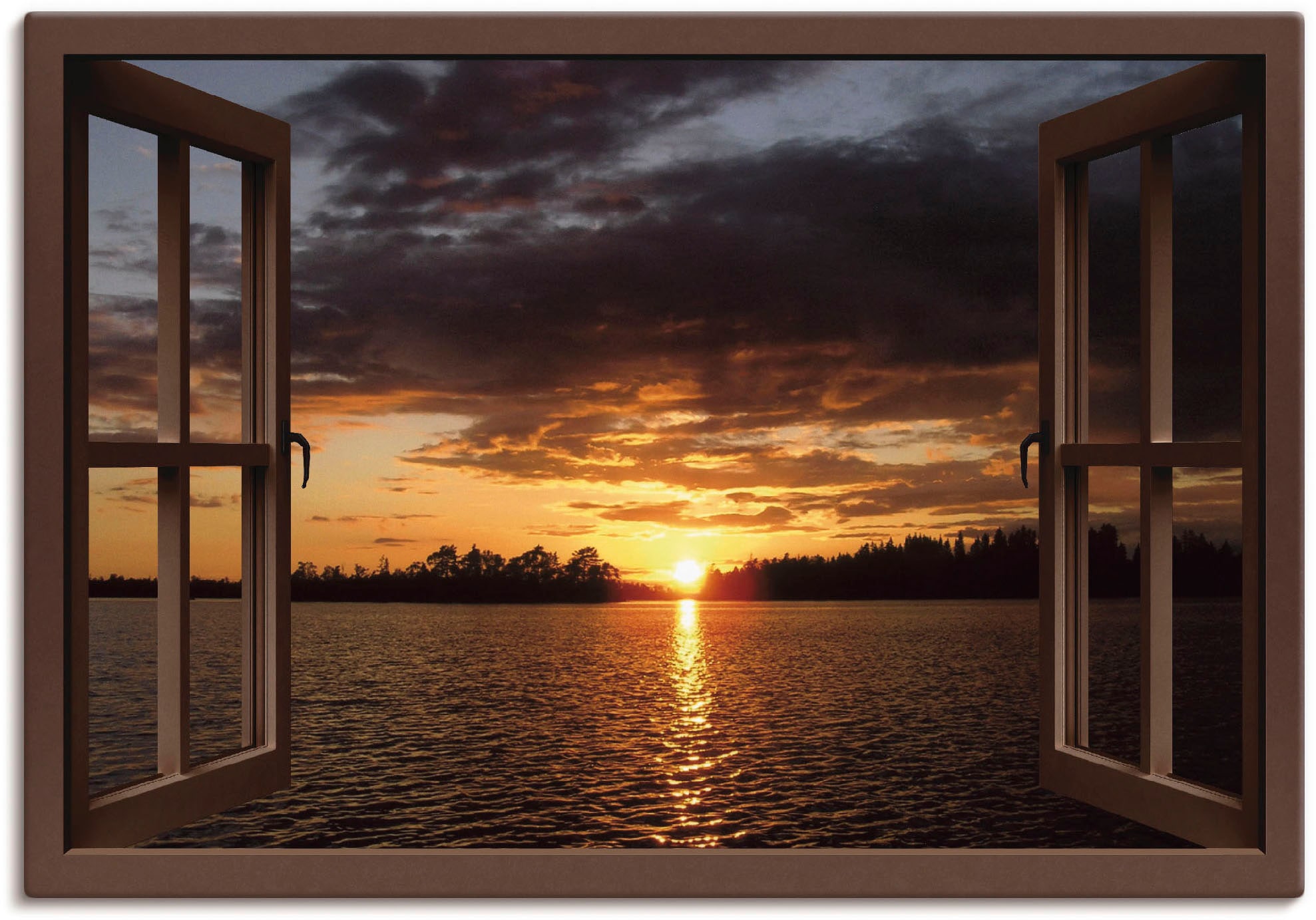 Artland Leinwandbild "Sonnenuntergang am See, braunes Fenster", Seebilder, (1 St.), auf Keilrahmen gespannt