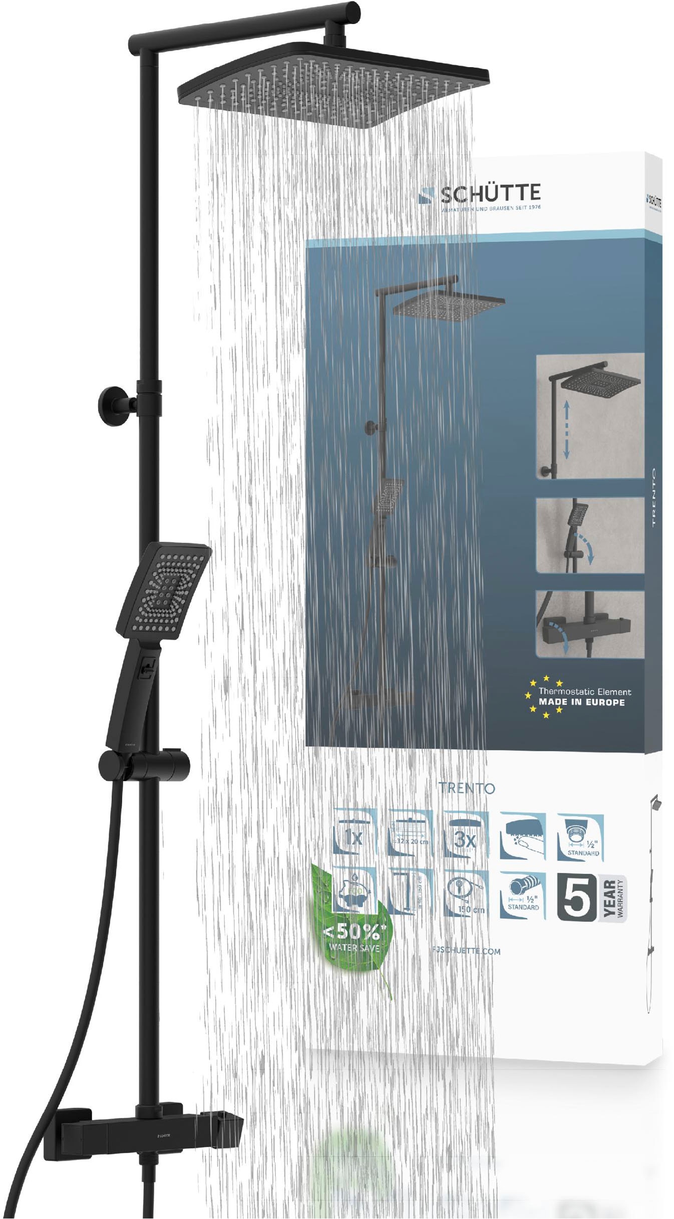 Schütte Duschbrause "TRENTO" Set, mit Thermostatarmatur, 3-fach verstellbar, Antikalk-Noppen