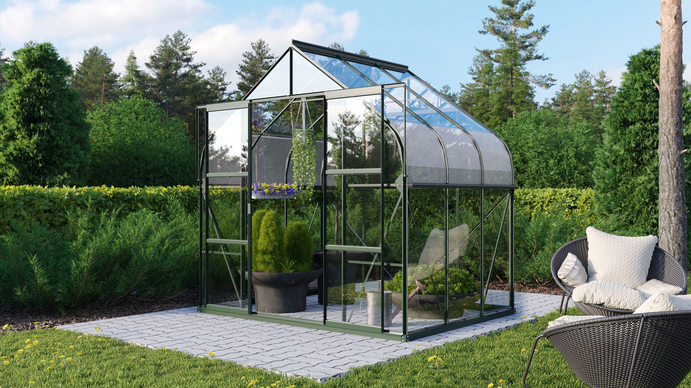 Gewächshaus VITAVIA, B:264cm H:268cm T:195cm, grün, Garten, Gewächshäuser, "Dione 5000 smaragd", inkl. Fundamentrahmen, Dachlüfter und