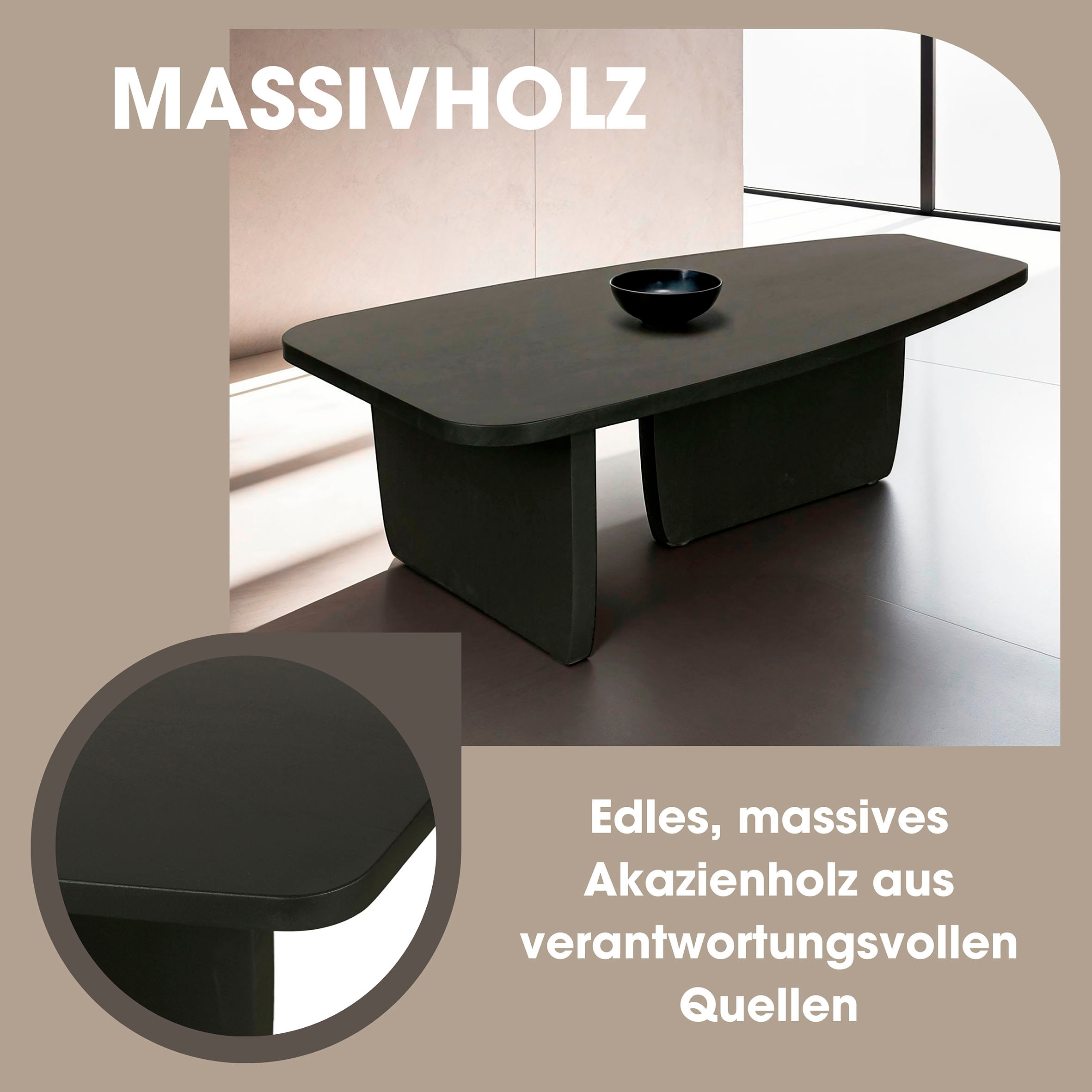 byLIVING Couchtisch »Bolt«, (1 St.), Freiform Tisch in Akazie Massivholz schwarz lackiert, 25mm Tischplatte