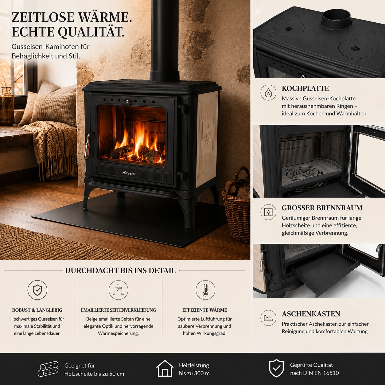 Hanseatic Kaminofen »Castor XXL, Gussofen mit Beige emaillierten Seiten für 50cm Holz« Großer Feuerraum
