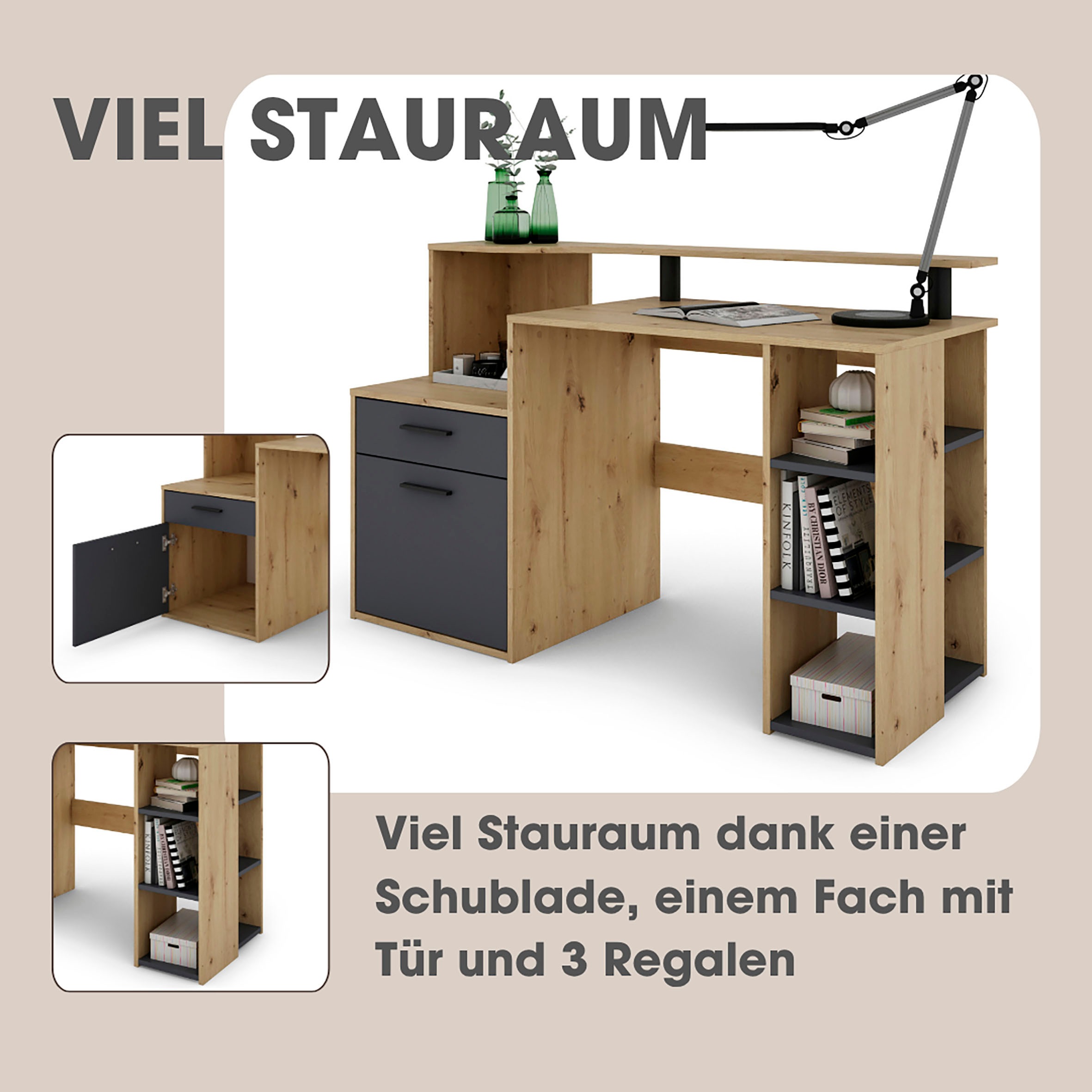 byLIVING Schreibtisch »Louise«, Breite 140 cm, Regal-Schreibtisch mit viel Stauraum