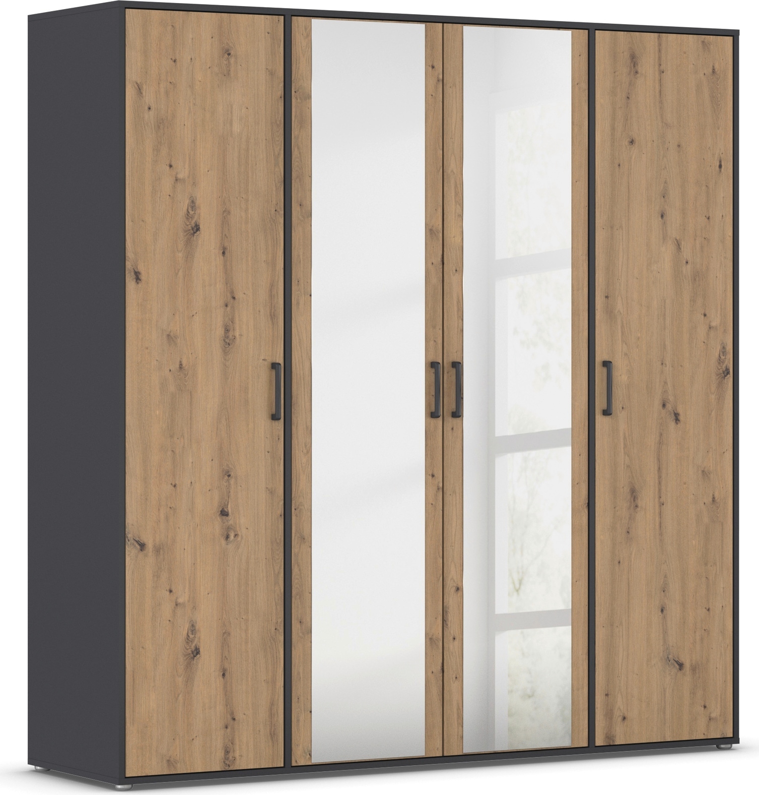 rauch "Kleiderschrank Schrank Garderobe Wäscheschrank VOYAGER" in 3 verschiedenen Ausstattungen BASIC/CLASSIC/PREMIUM, mit modernen Griffen in Graumetallic und Spiegel