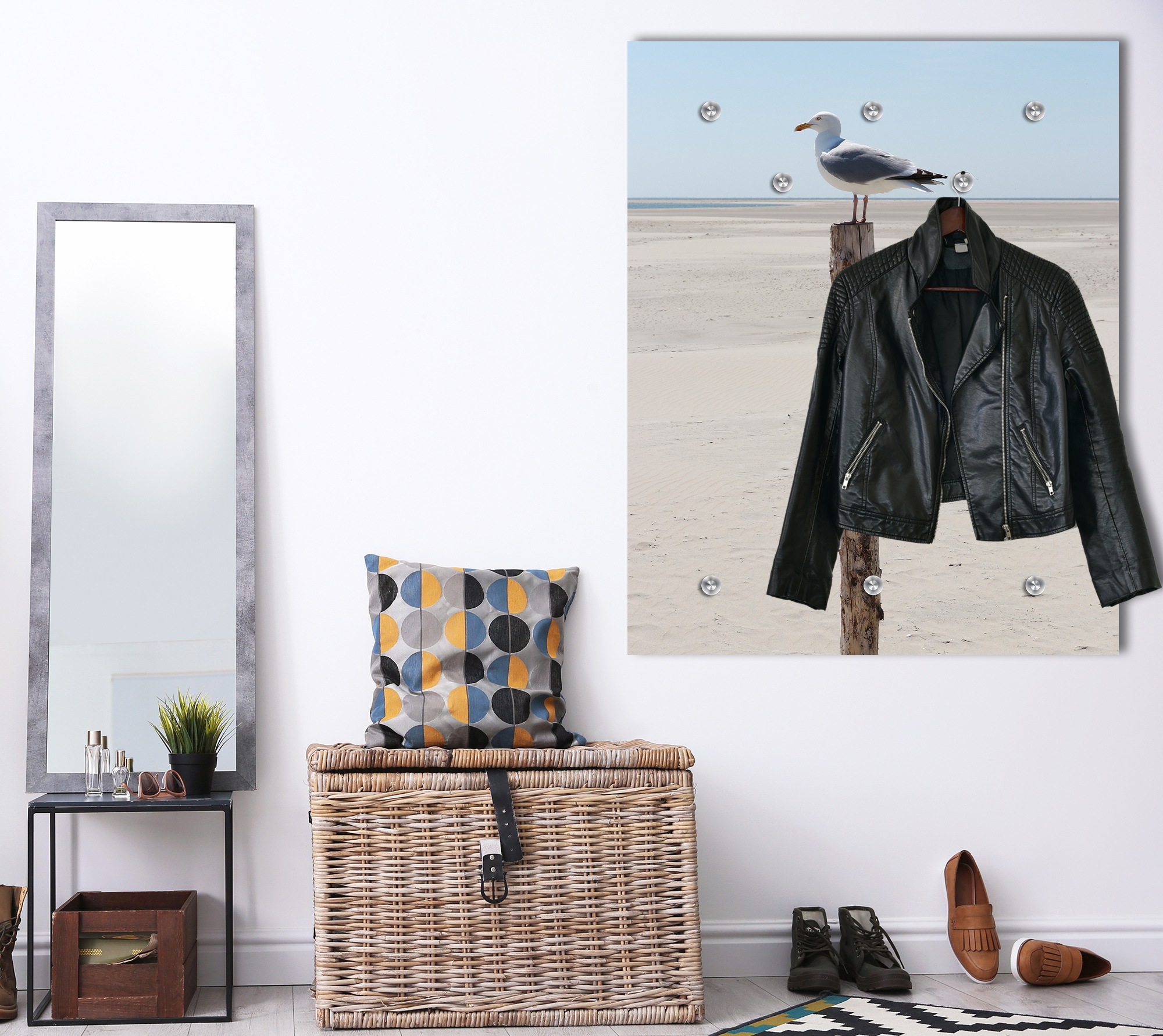 queence Garderobenpaneel »Wandgarderobe  mit Motiv Foto einer Möwe am Meer inkl. Edelstahlhaken« 1 Stk. tlg. HD Premium Druck auf Acrylglas