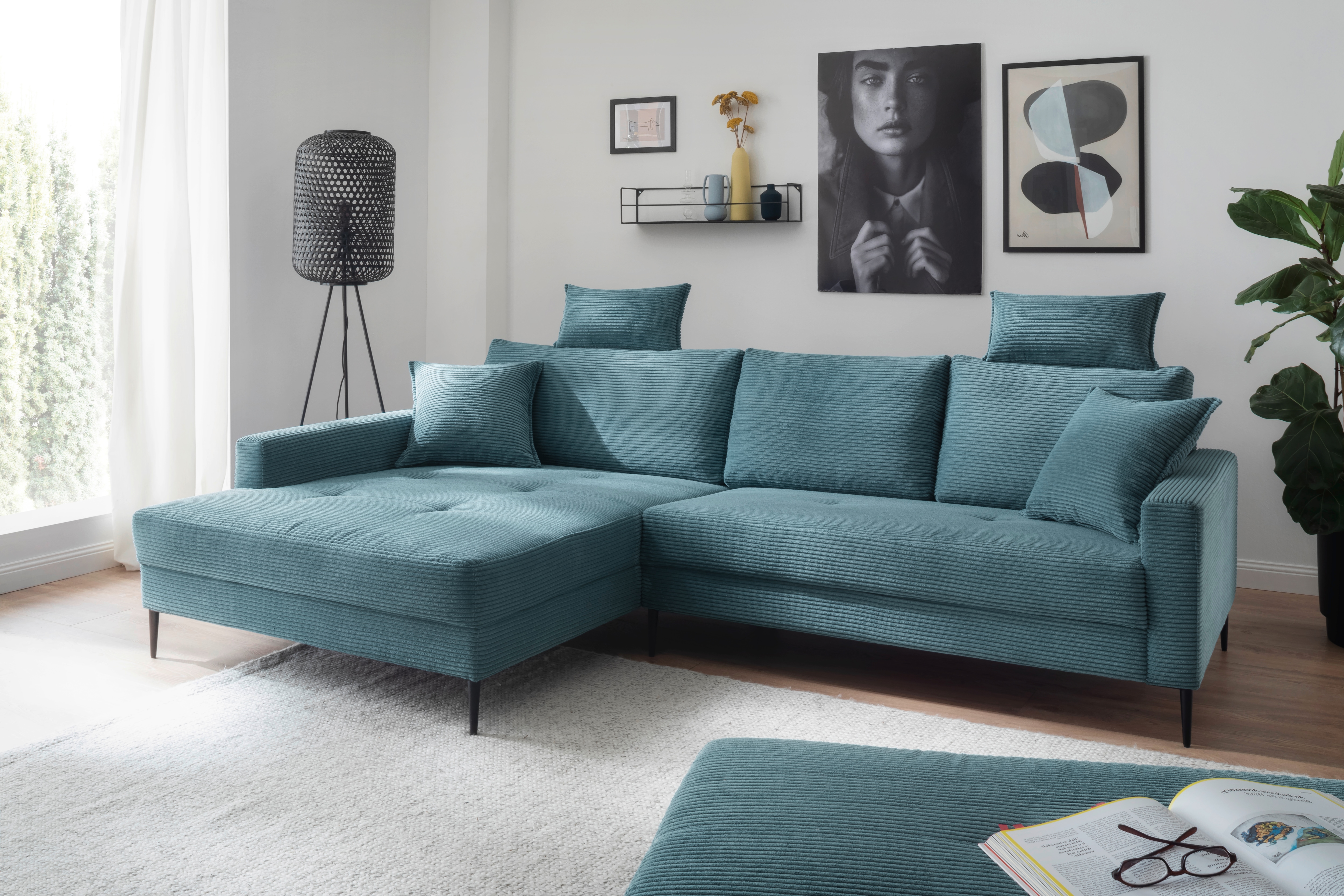 OTTO home Ecksofa "Summer L-Form, B: 280cm, in Cord & Struktur" wahlweise mit Kopfstützen, schwarze Metallfüße