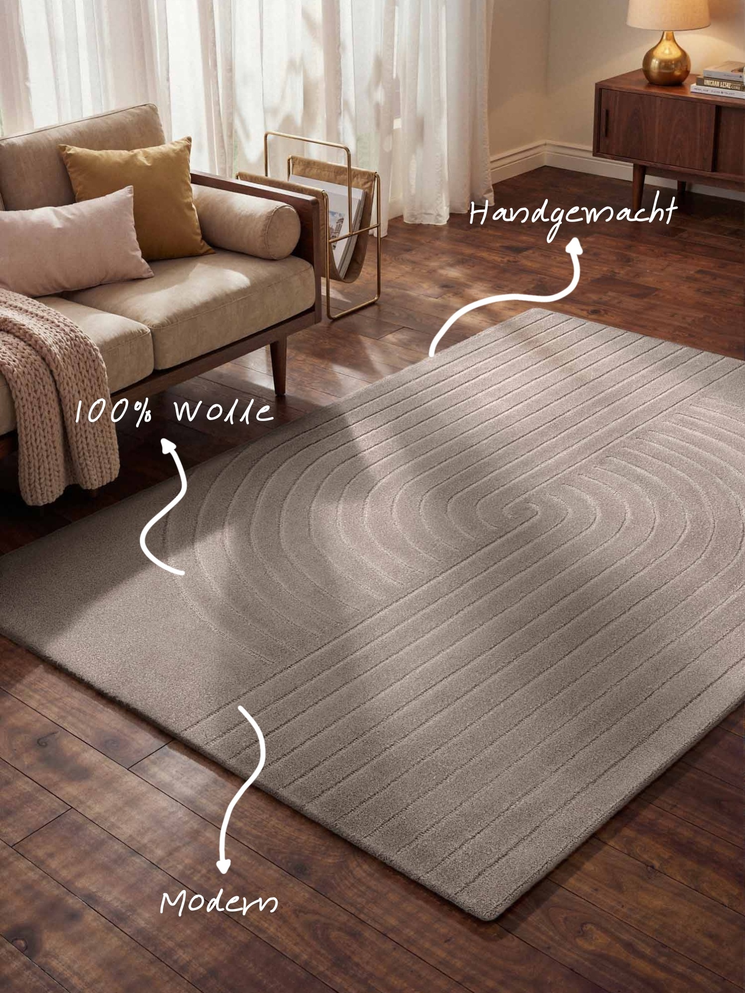 Wollteppich VIKOSA "Arcura", hellgrau, B:160cm H:15mm L:230cm, Wolle, Teppiche, Wolle Handgemacht, Hoch-Tief-Effekt, Geometrisches Linien Wellendesign 2