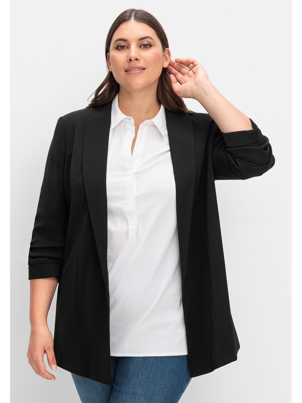 Sheego Longblazer "Große Größen", mit Schalkragen und gerafftem 3/4-Arm günstig online kaufen