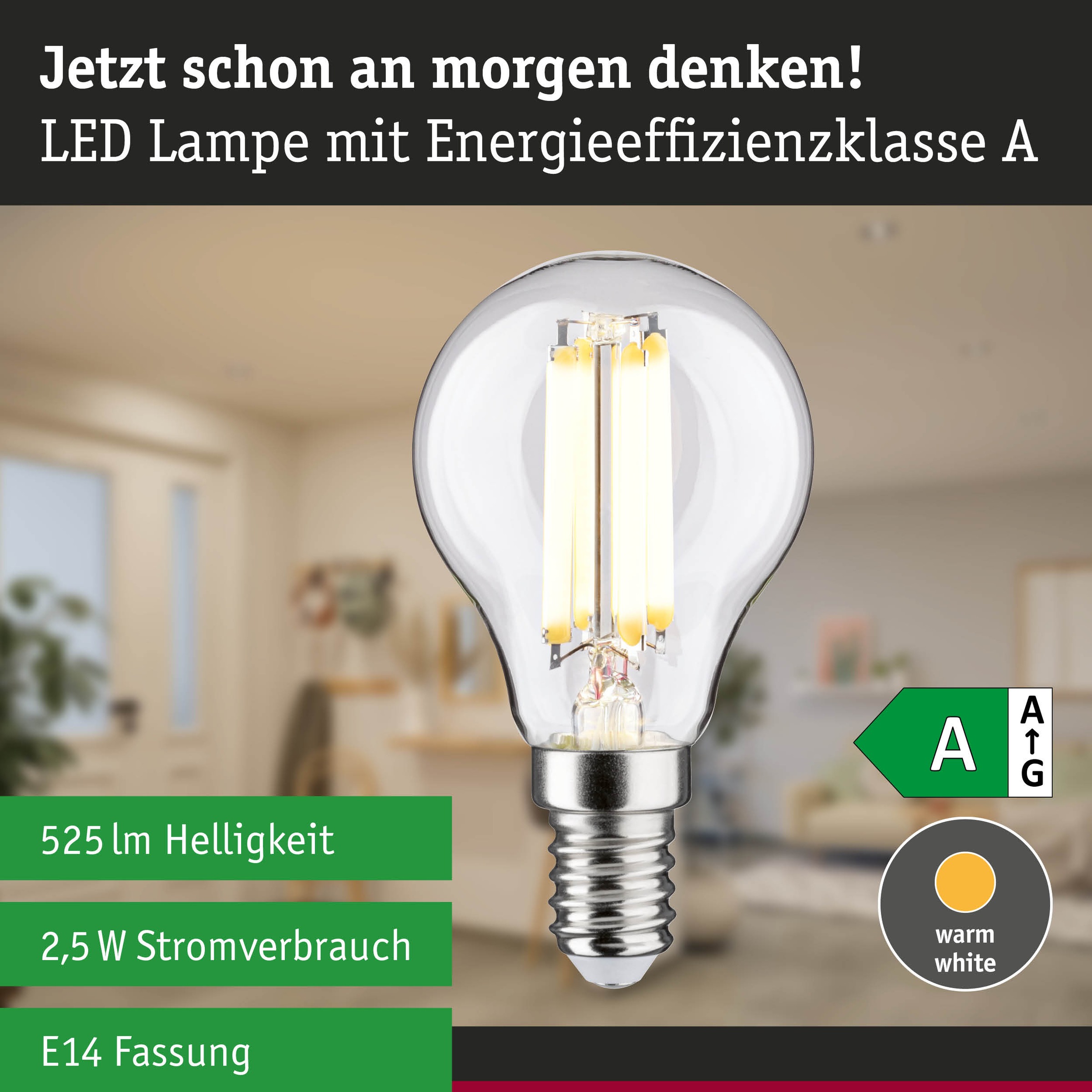 Paulmann LED-Leuchtmittel »Efficient-Line Filament 230V LEDTropfen E14 1St. 525lm 2,5W 3000K Klar« E14 1 Stk. Warmweiß