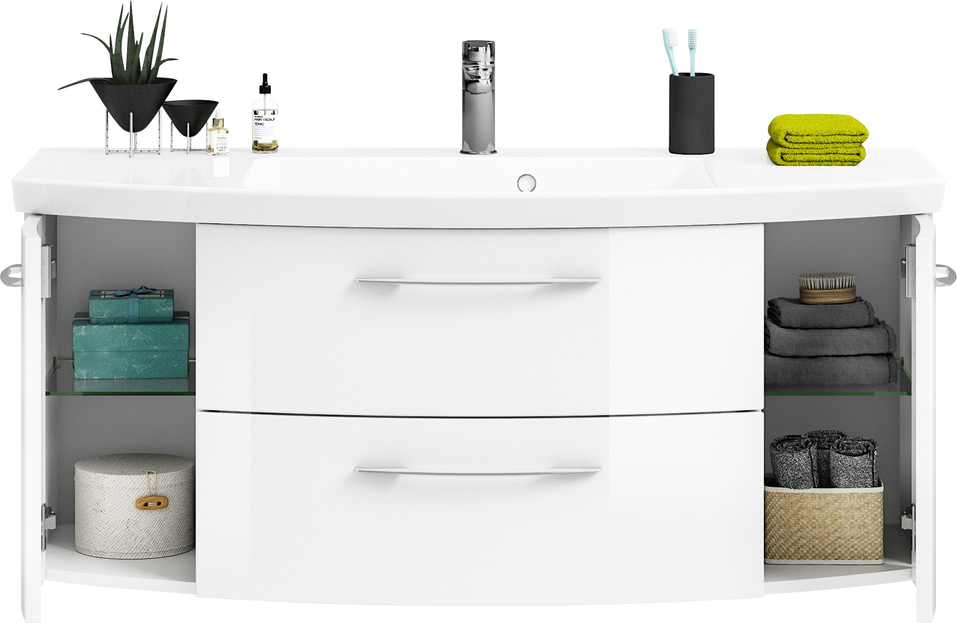 Saphir Badmöbel-Set »Cassca Sprint 2-teilig Mineralmarmor-Waschtisch mit LED-Spiegelschrank«, (2 St.), Waschplatz 121 cm breit mit 5 Türen, 2 Schubladen, inkl. Türdämpfer