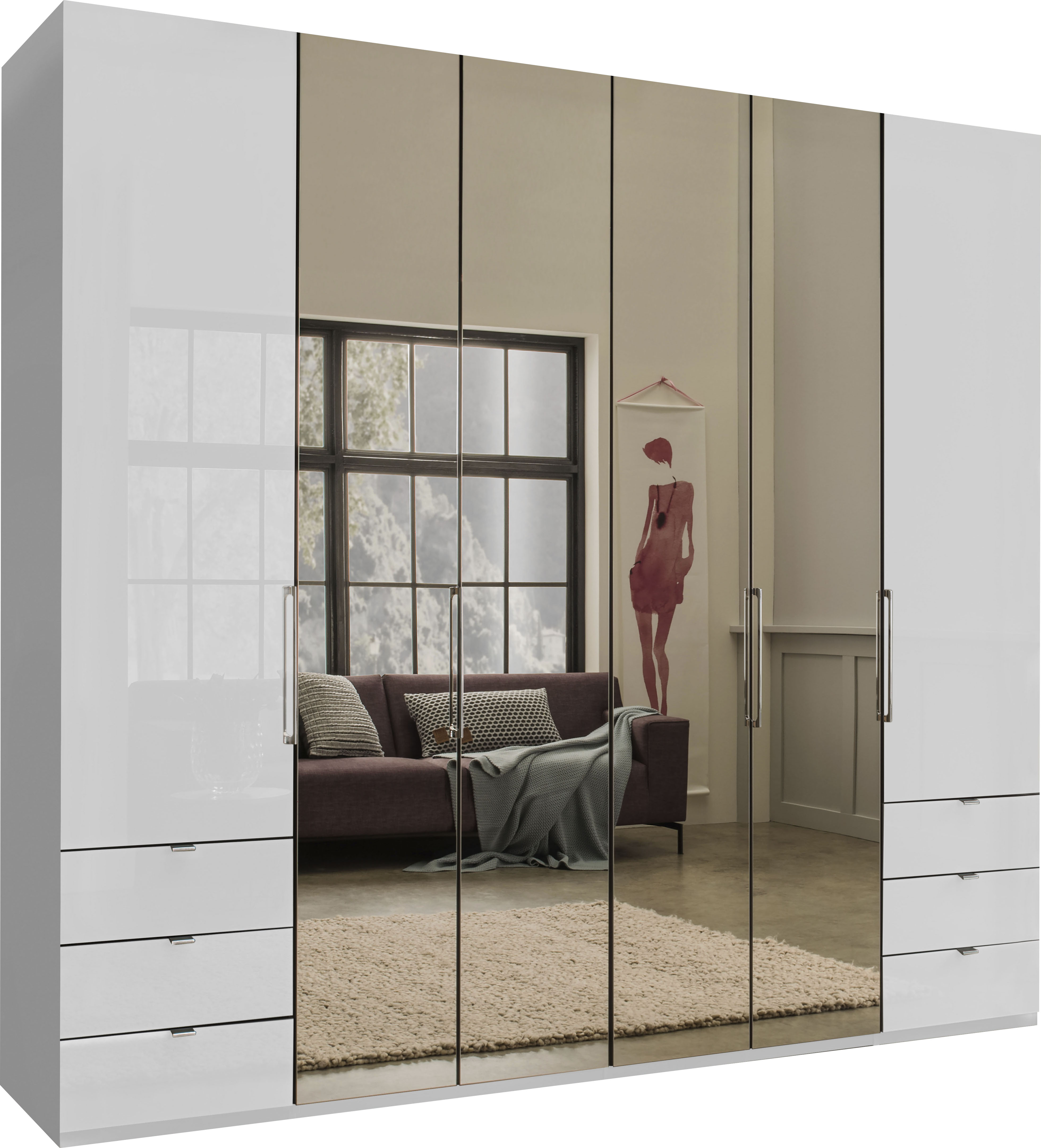 WIEMANN 1100000002199 "Kansas, Kleiderschrank, Schrank, Wäscheschrank, mit Glas und Spiegel" 2 Breiten, MADE IN GERMANY, inkl. gepämpften Schubkästen und Türen, mit Panoramaöffnung