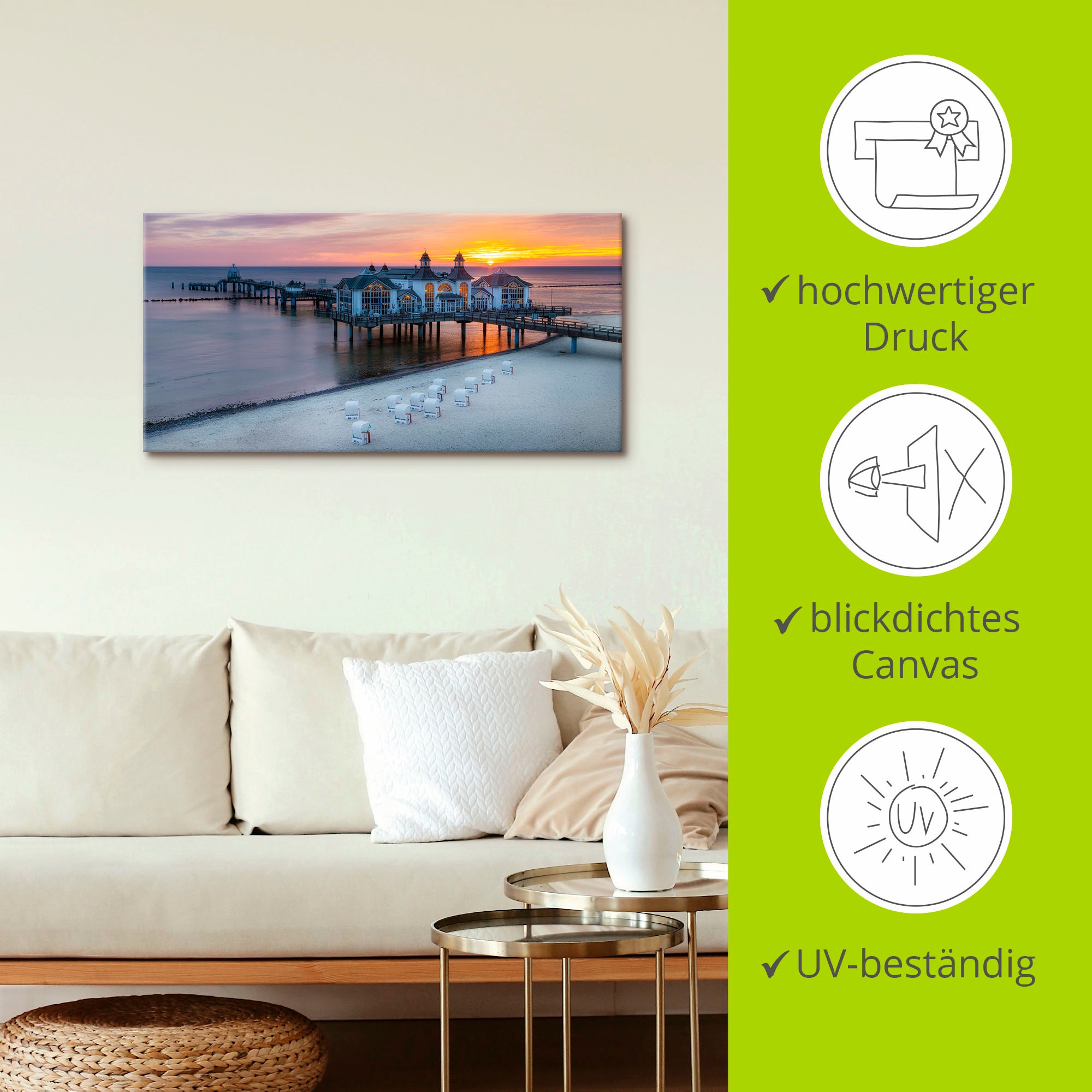 Artland Wandbild »RÜGEN Seebrücke in Sellin Sonnenaufgang«, (1 Stück), in vielen Größen & Produktarten - Alubild / Outdoorbild für den Außenbereich, Leinwandbild, Poster, Wandaufkleber / Wandtattoo auch für Badezimmer geeignet