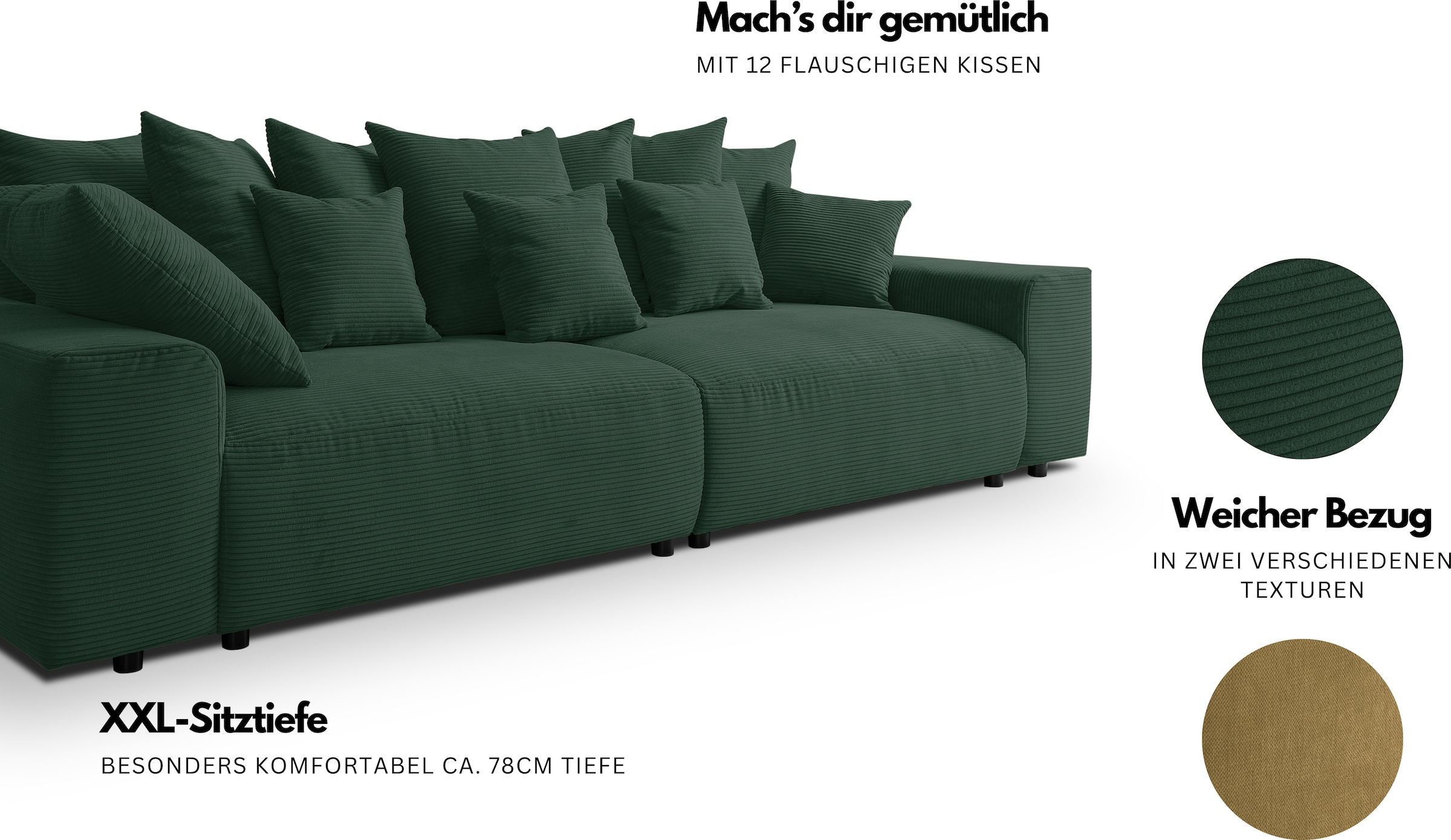 WERK2 Big-Sofa »Maxi, viel Platz, Mega Sofa, viele Kissen, bequem, kuschel Design« Cord, XXL