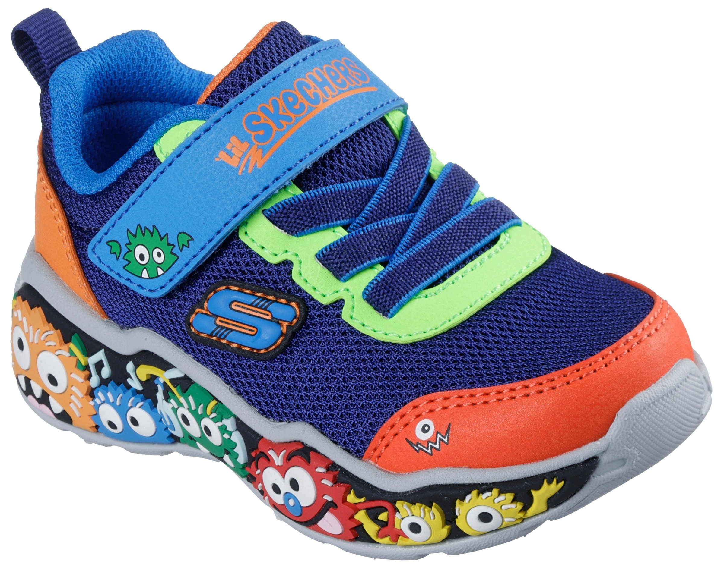 Lauflernschuh SKECHERS "PLAY SCENE", Mädchen, Gr. 22, bunt (navy multifarben), Lederimitat, Mesh, Mesh, kontrastfarbene Details, Schuhe Lauflernschuh, Freizeitschuh mit bedruckter Sohle, Größenschablone zum Download