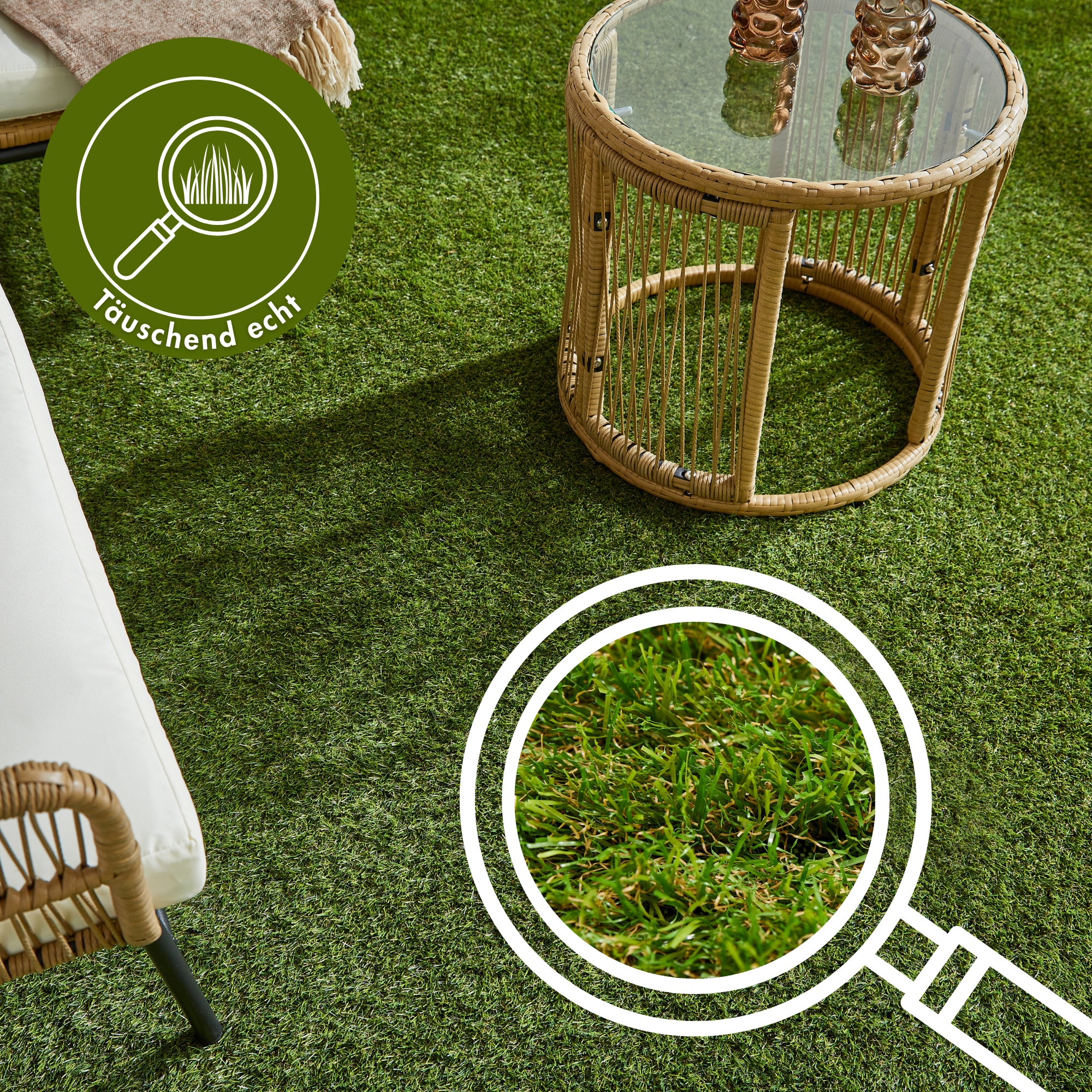 Andiamo Kunstrasen »Rasenteppich Bali, Gesamthöhe 31 mm, Made in Belgium« rechteckig realistische Optik, mit Drainagefunktion, für Balkon & Terrasse