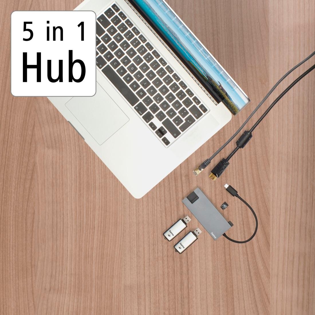 Hama USB-Adapter »USB-C Multiport Hub für Laptop mit 5 Ports, USB-A, USB-C, HDMI, LAN« USB-C zu HDMI | RJ-45 (Ethernet) | USB Typ A | USB Typ C 15 cm Laptop Dockingstation, kompakt, robustes Gehäuse, silberfarben