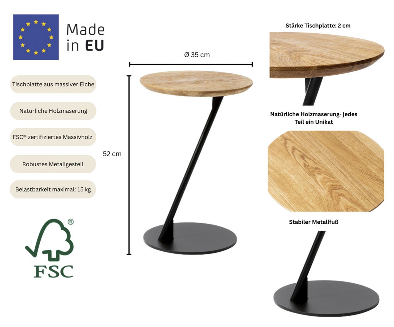 Couchtisch ANDAS "Kurikka", beige (natur, schwarz, natur), B:35cm H:52cm T:35cm, Tische, Couchtisch, Kaffeetisch, Tischplatte aus massiver Eiche, Gestell aus Metall 2