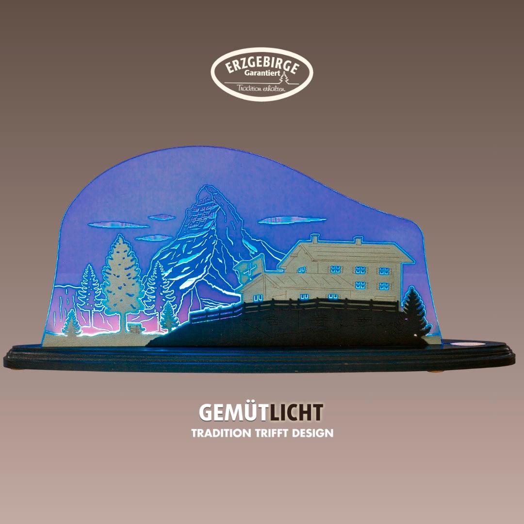 WEIGLA LED Dekolicht "Matterhorn, Holz & Acrylglas, BLAU-GRAU-WEIẞ, Made in Germany", H: 21cm, 1 Stk., blau, Leuchten, Erzgebirge garantiert,