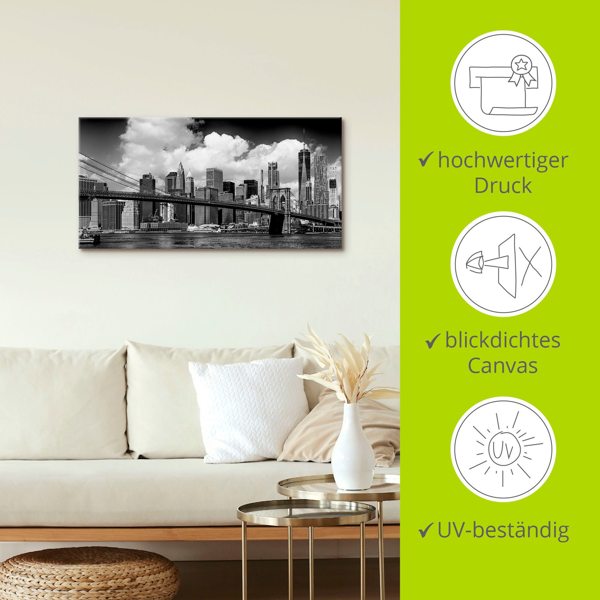 Artland Wandbild »Manhattan Skyline, Brooklyn Bridge«, New York, (1 St.), als Alubild, Outdoorbild, Leinwandbild, Wandaufkleber, versch. Größen