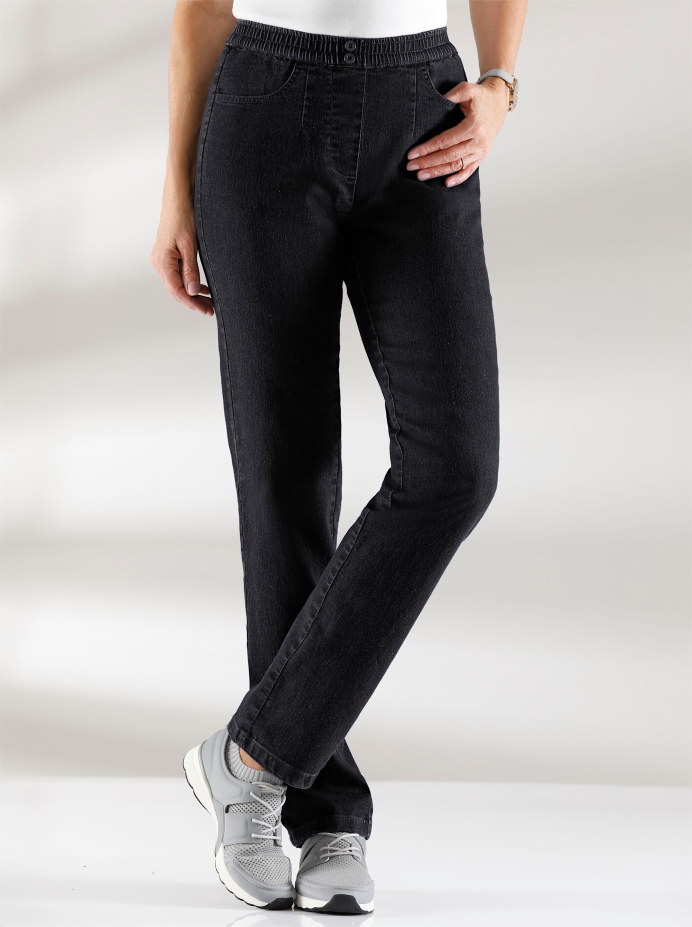 Dehnbund-Jeans CLASSIC BASICS, Damen, Gr. 21, Kurzgrößen, schwarz (schwarz, denim), 81% Baumwolle, 17% Polyester, 2% Elasthan, unifarben, lang, Jeans